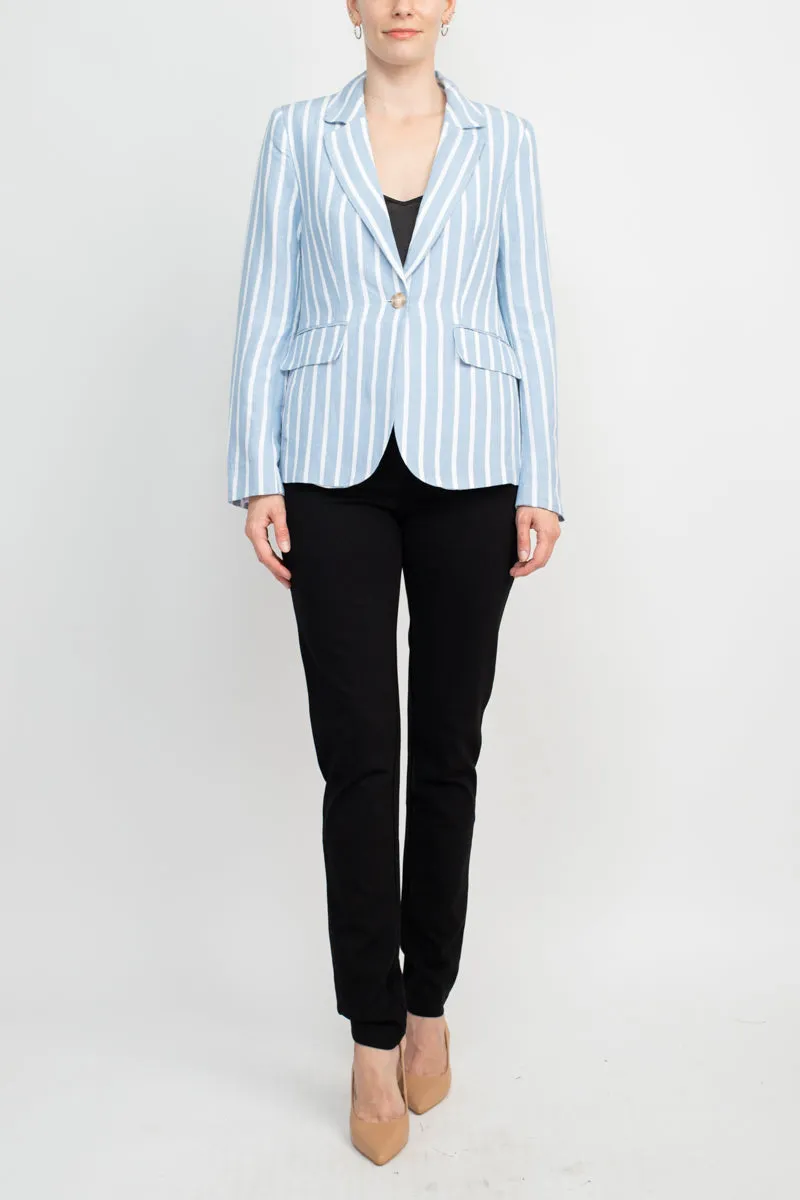 Philosophy Notched Collar Long Sleeve One Button Closure Stripe Pattern Linen Jacket