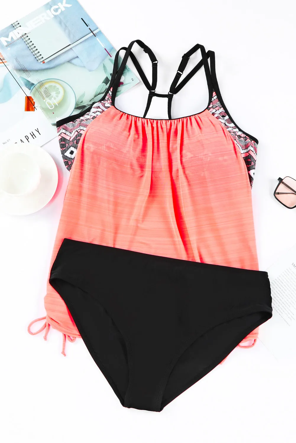 Pink Geometric Print Lined Racerback Tankini Swimsuit