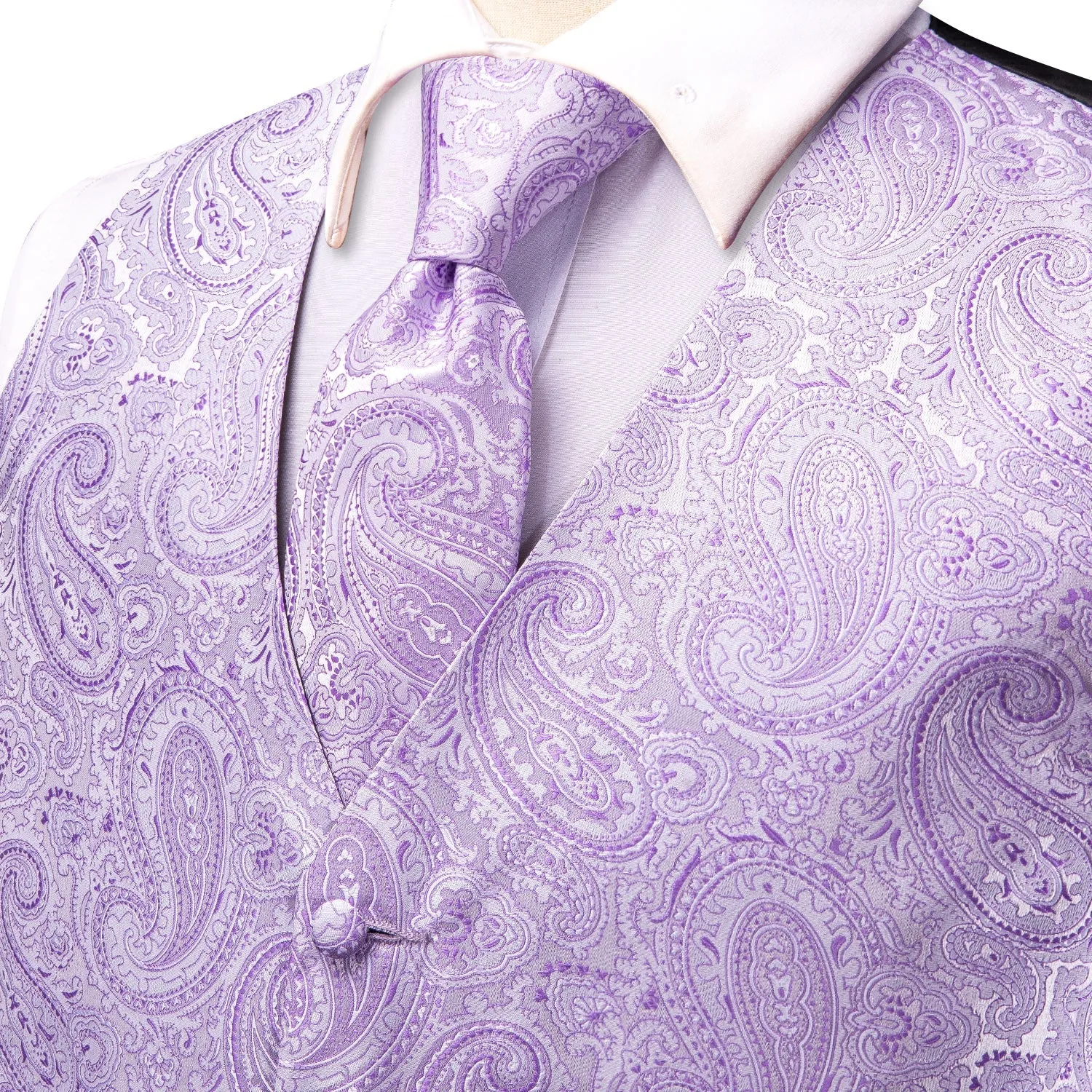 Plum Paisley Jacquard Silk Men's Vest Hanky Cufflinks Tie Set