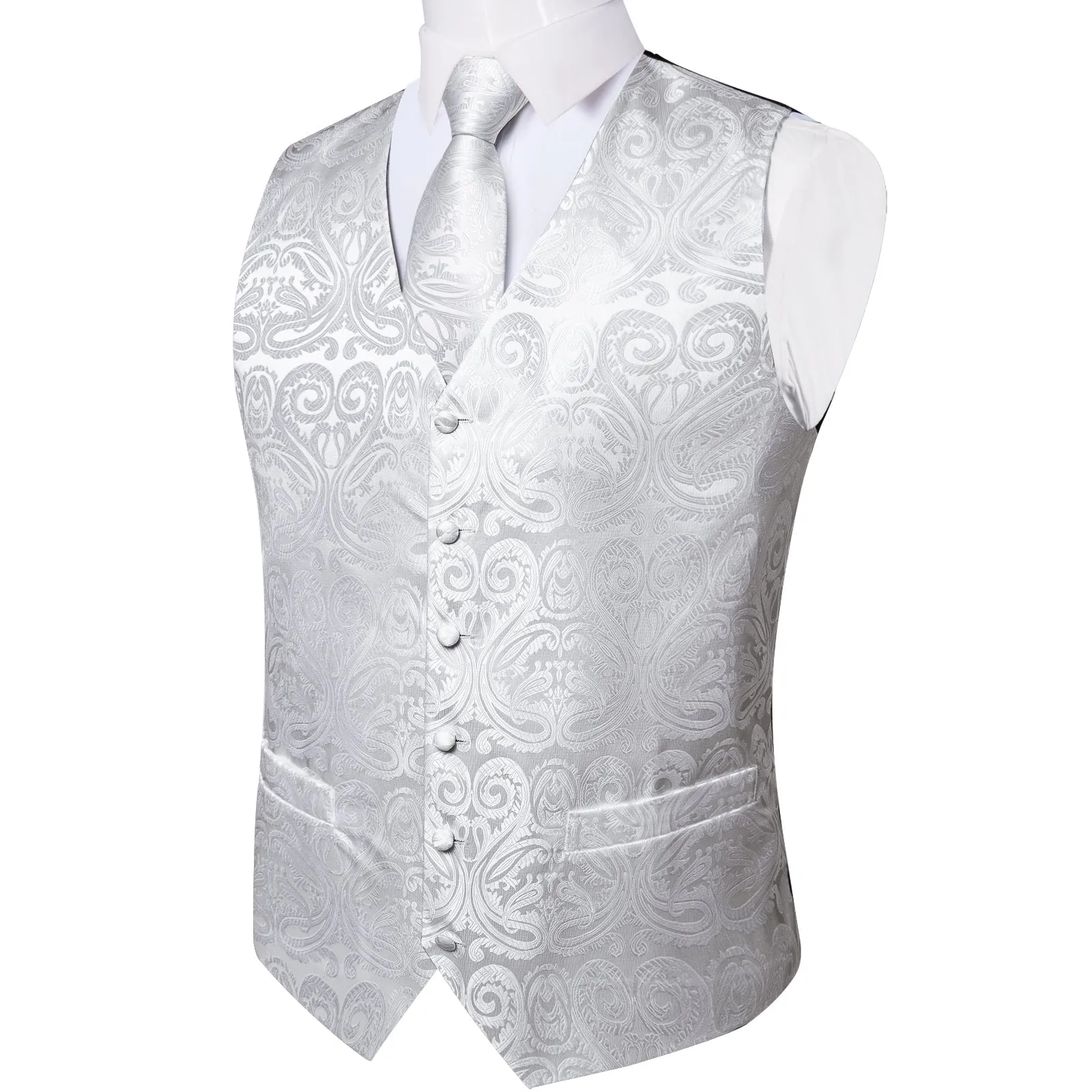 Pure White Paisley Jacquard Silk Men's Vest Hanky Cufflinks Necktie Bowtie Set