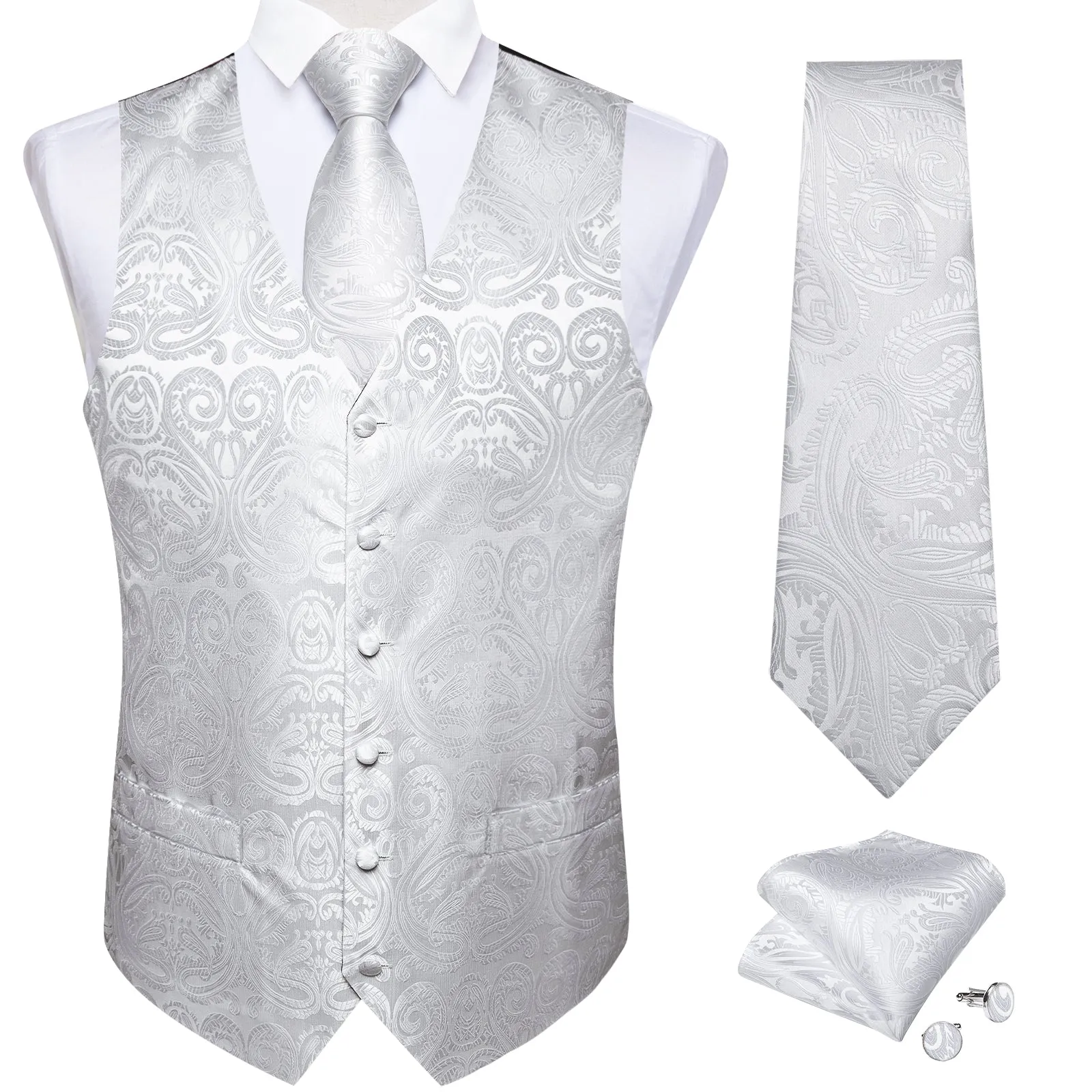 Pure White Paisley Jacquard Silk Men's Vest Hanky Cufflinks Necktie Bowtie Set