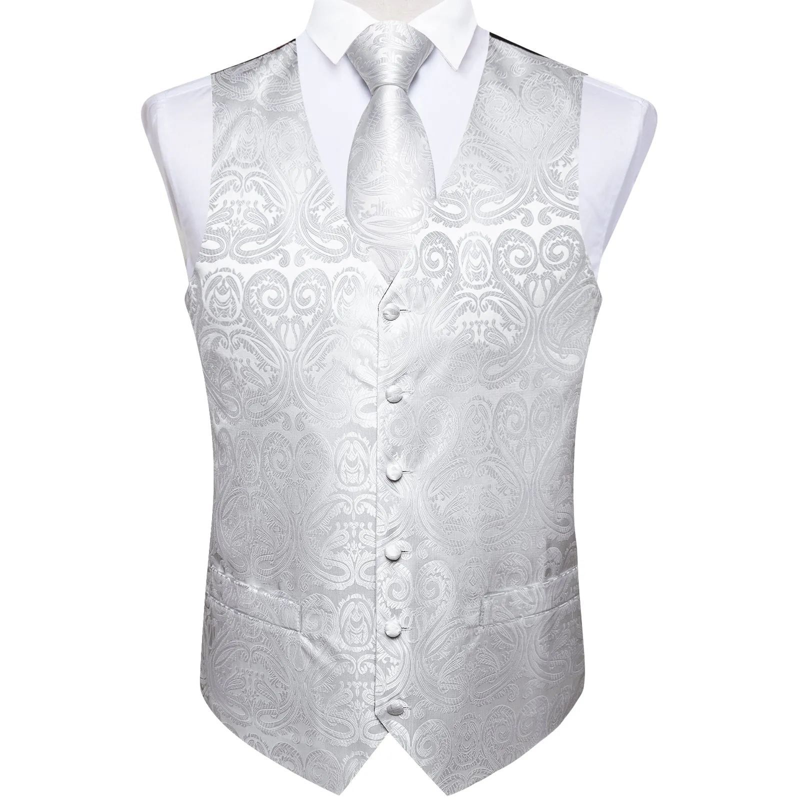 Pure White Paisley Jacquard Silk Men's Vest Hanky Cufflinks Necktie Bowtie Set