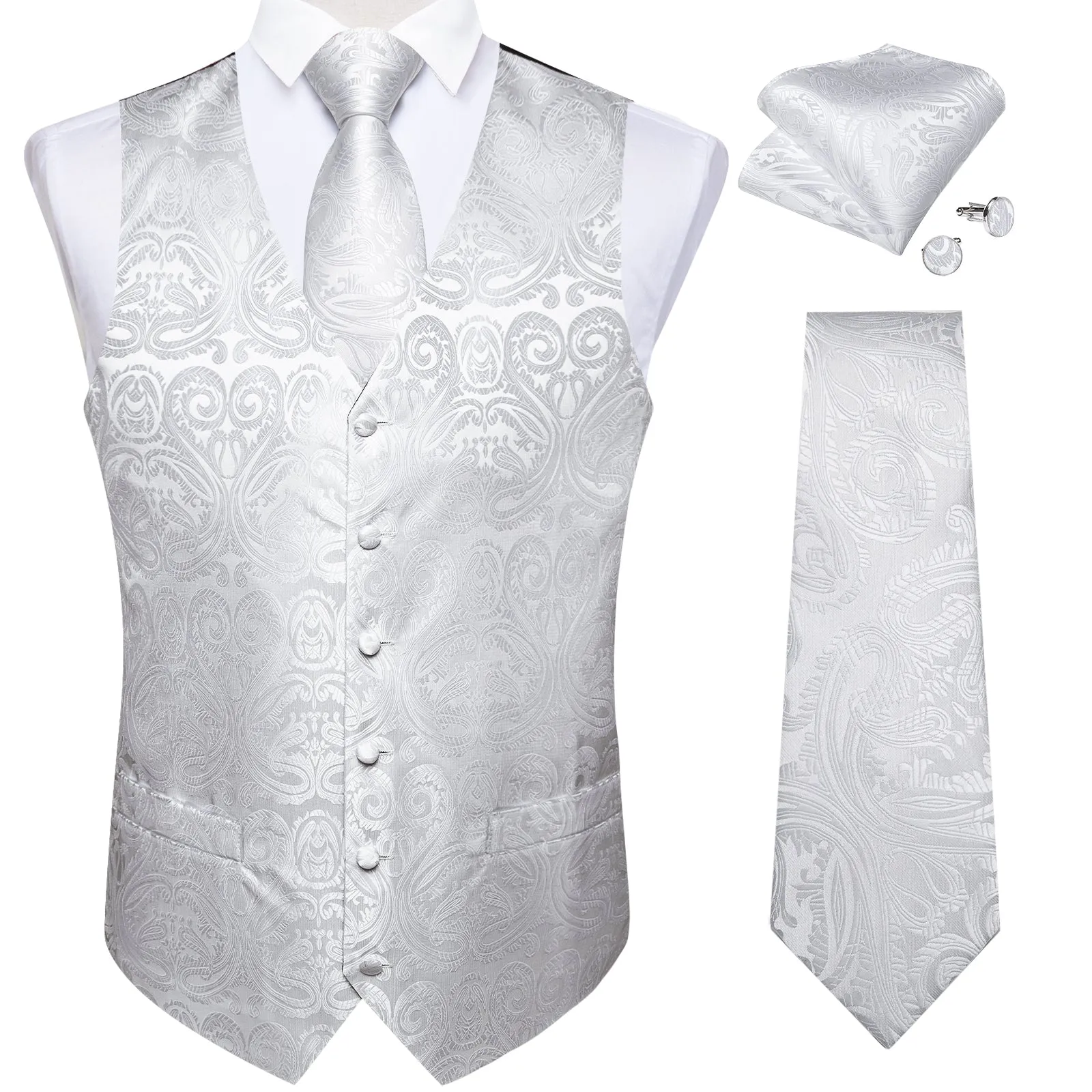 Pure White Paisley Jacquard Silk Men's Vest Hanky Cufflinks Necktie Bowtie Set