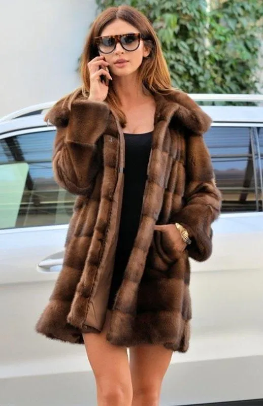 Real Full Mink Fur Hooded Coat