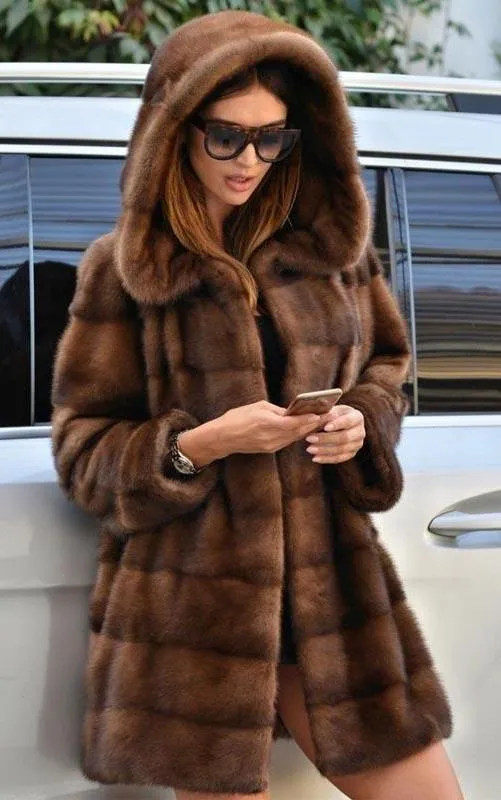 Real Full Mink Fur Hooded Coat