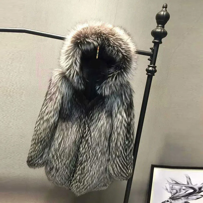 Real Silver Fox Fur Hooded Coat