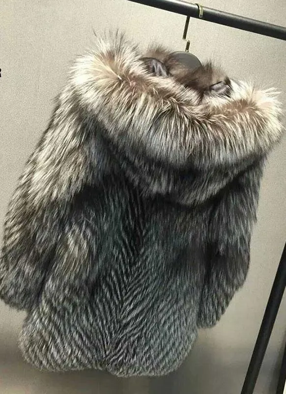 Real Silver Fox Fur Hooded Coat