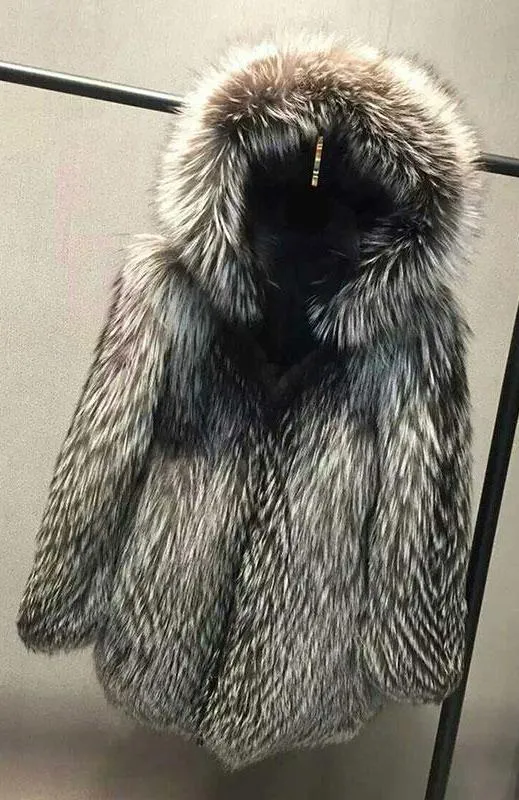 Real Silver Fox Fur Hooded Coat