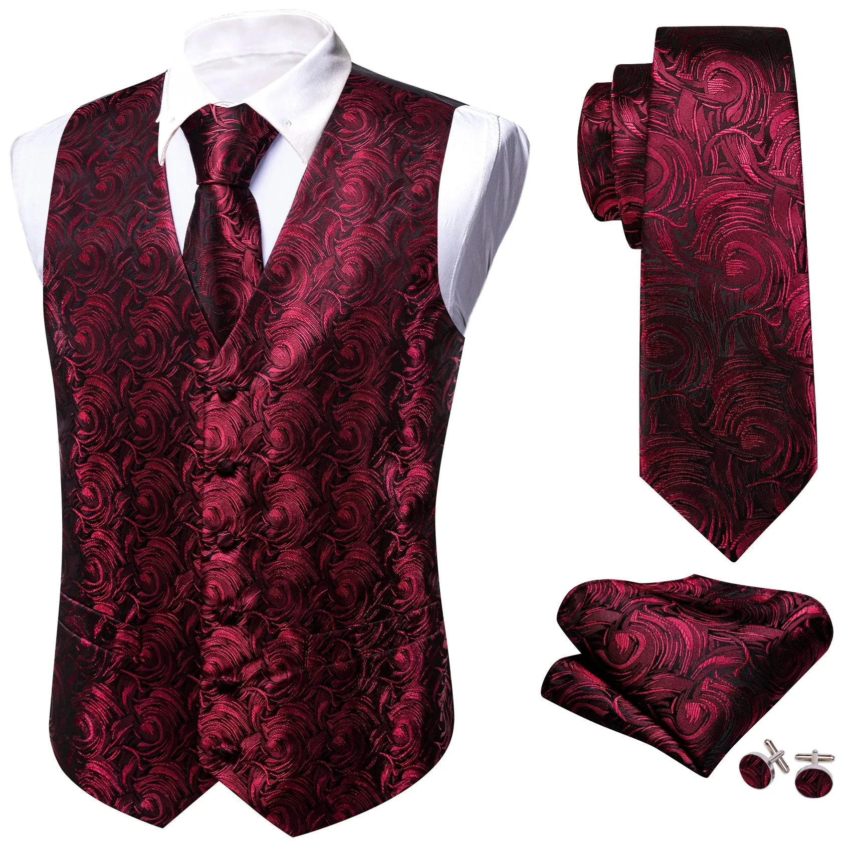 Red Floral Silk Men's Vest Hanky Cufflinks Tie Set