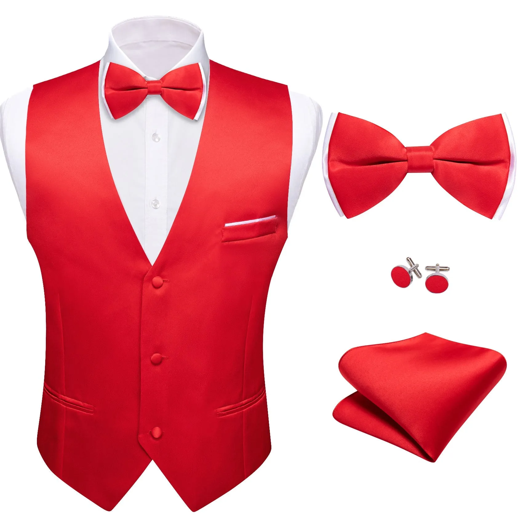 Red Solid Silk Men's Vest Bow Tie Set Waistcoat Suit Set