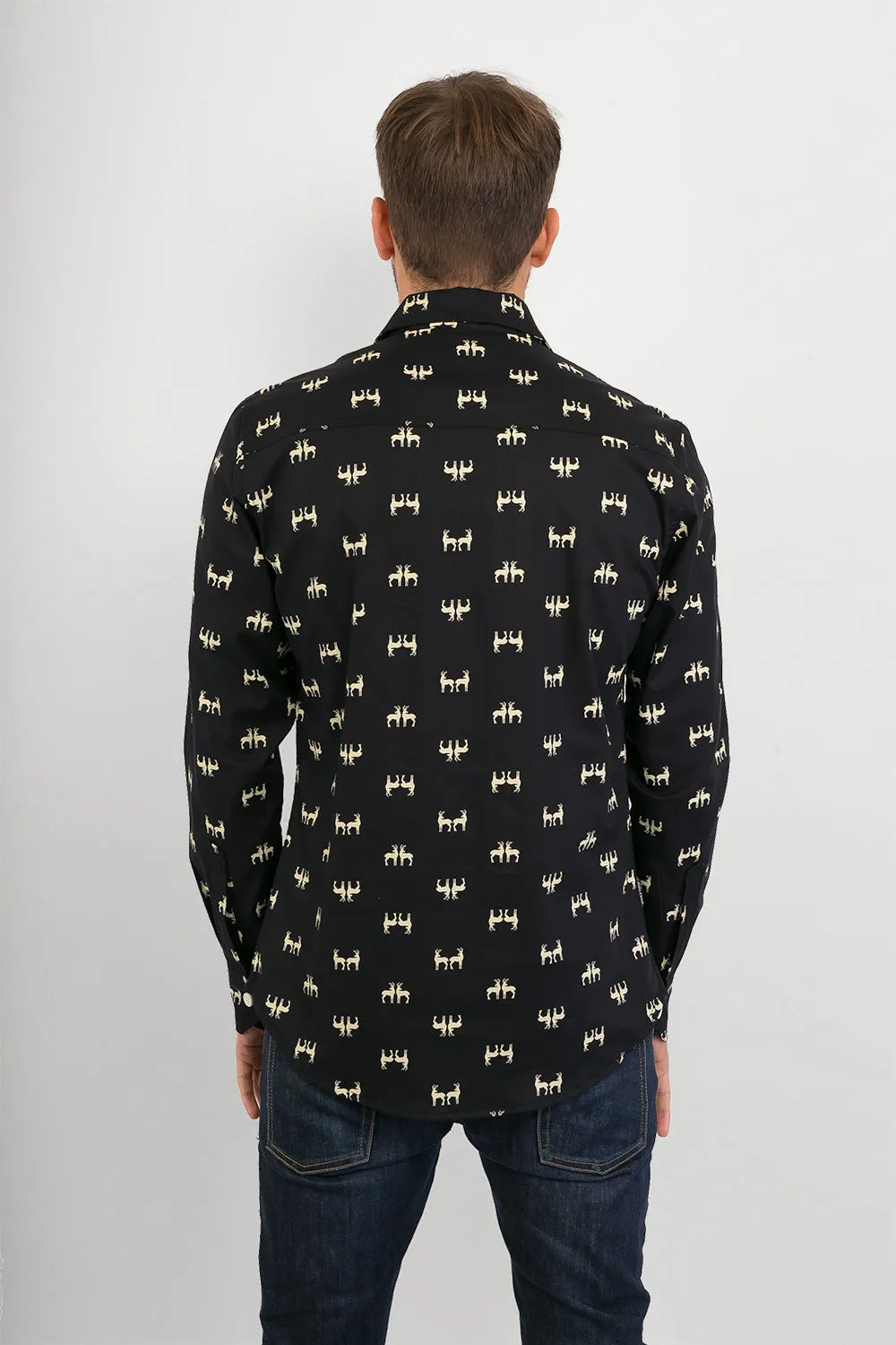 Reindeer Black Print Cotton Slim Fit Mens Shirt Long Sleeve