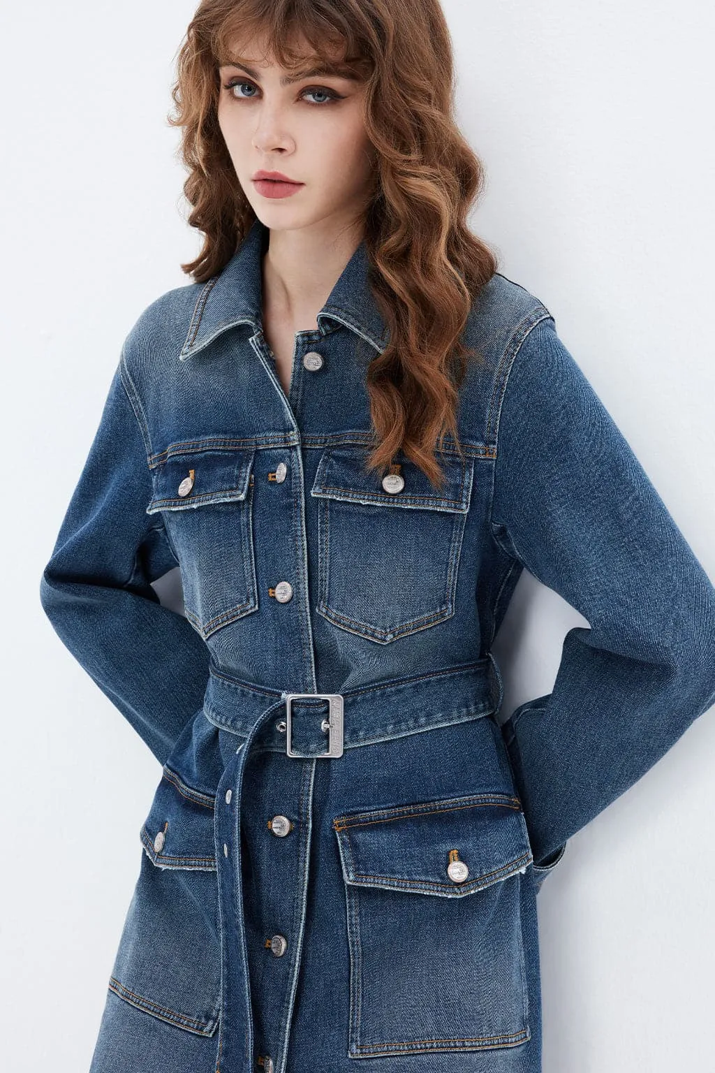 Retro Blue Belted Cargo Style Denim Coat