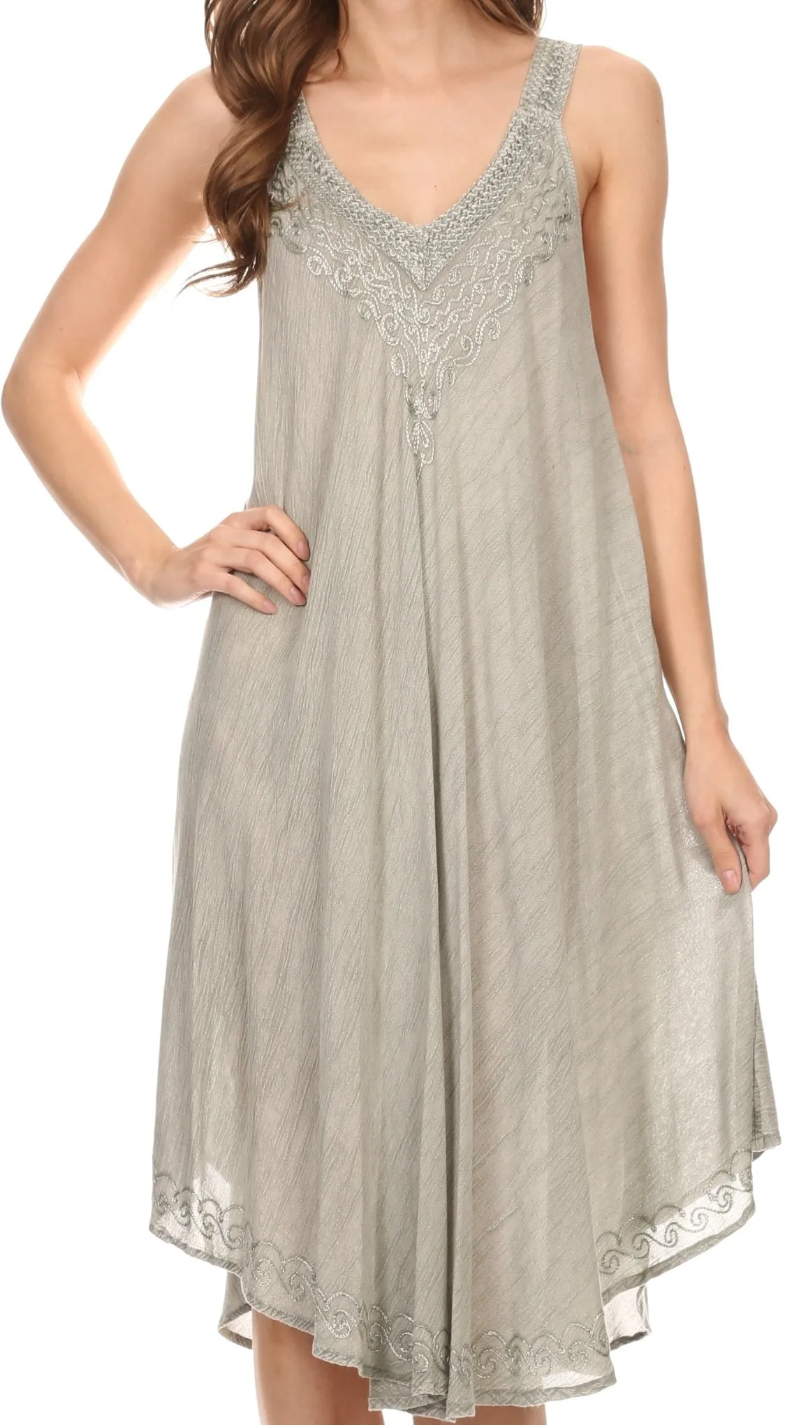 Sakkas Calais Mid Length Sleeveless Tank Top Detailed Embroidery Caftan Dress