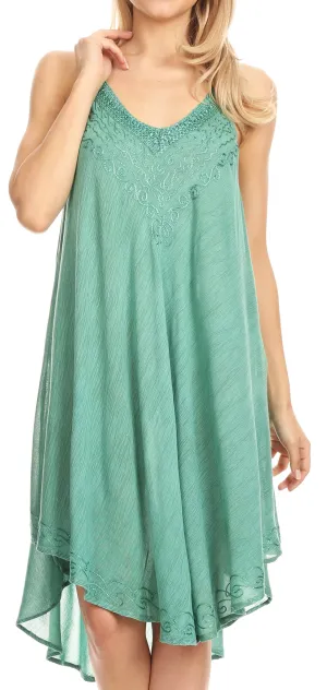 Sakkas Calais Mid Length Sleeveless Tank Top Detailed Embroidery Caftan Dress