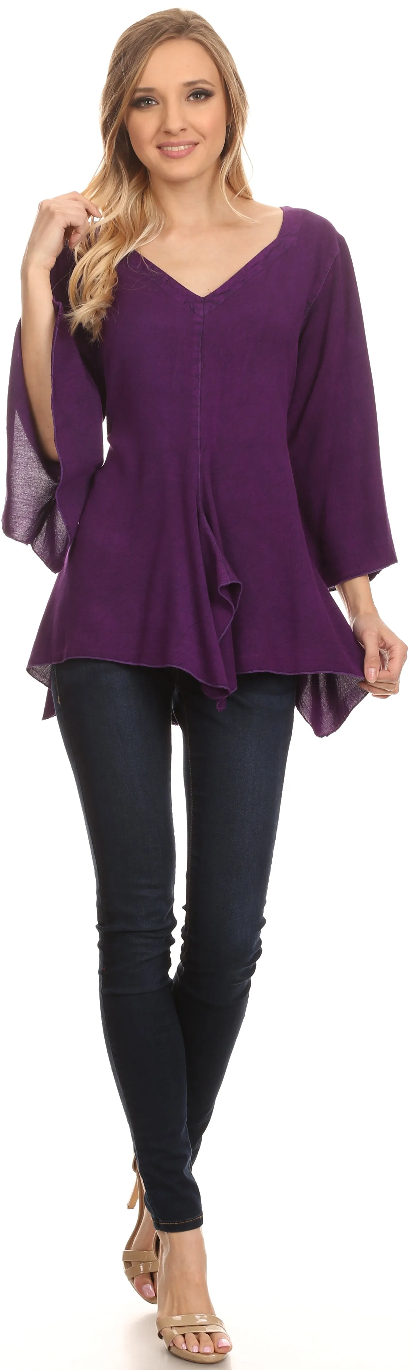 Sakkas Geena Long Tall V Neck 3/4 Length Bell Sleeve With Adjustable Side Straps