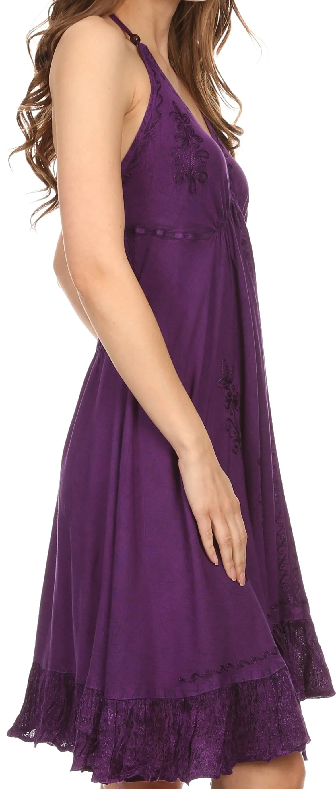 Sakkas Jia Stonewashed Embroidered Handkerchief Hem Halter Dress With Beads