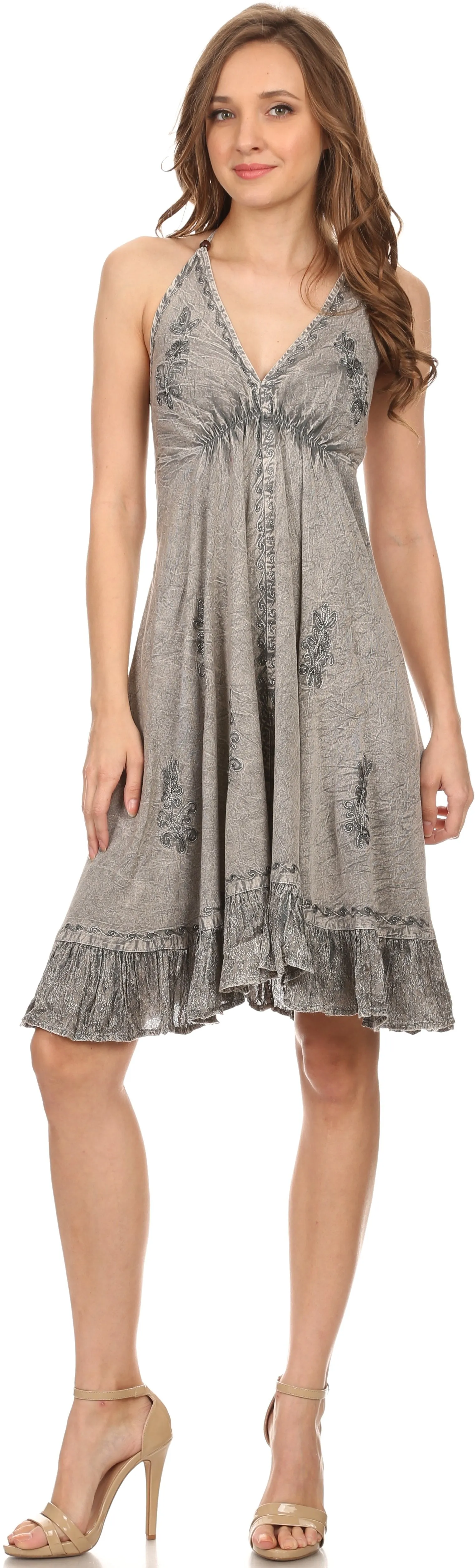 Sakkas Jia Stonewashed Embroidered Handkerchief Hem Halter Dress With Beads