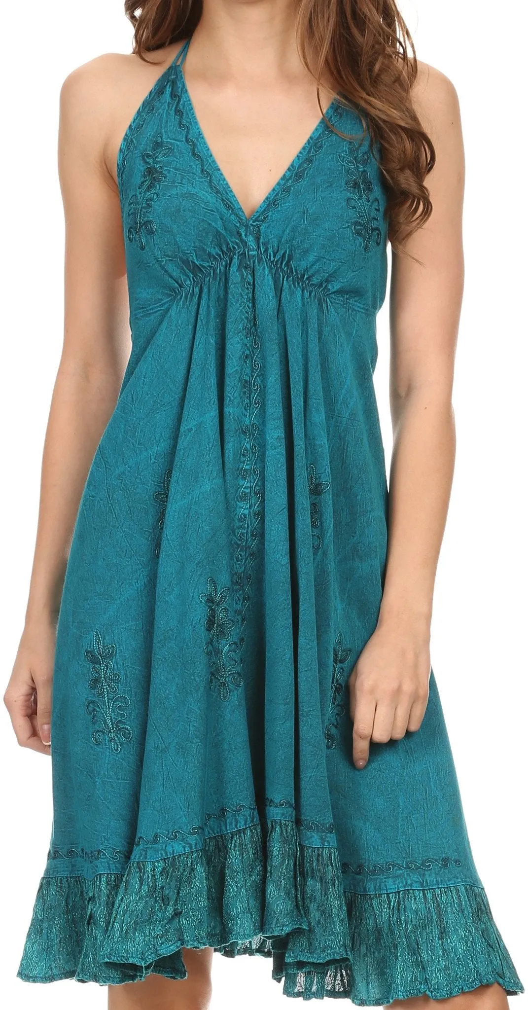 Sakkas Jia Stonewashed Embroidered Handkerchief Hem Halter Dress With Beads