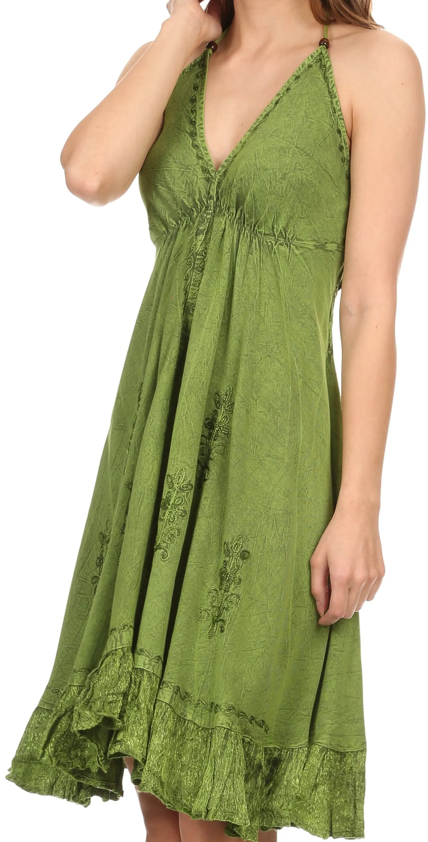 Sakkas Jia Stonewashed Embroidered Handkerchief Hem Halter Dress With Beads