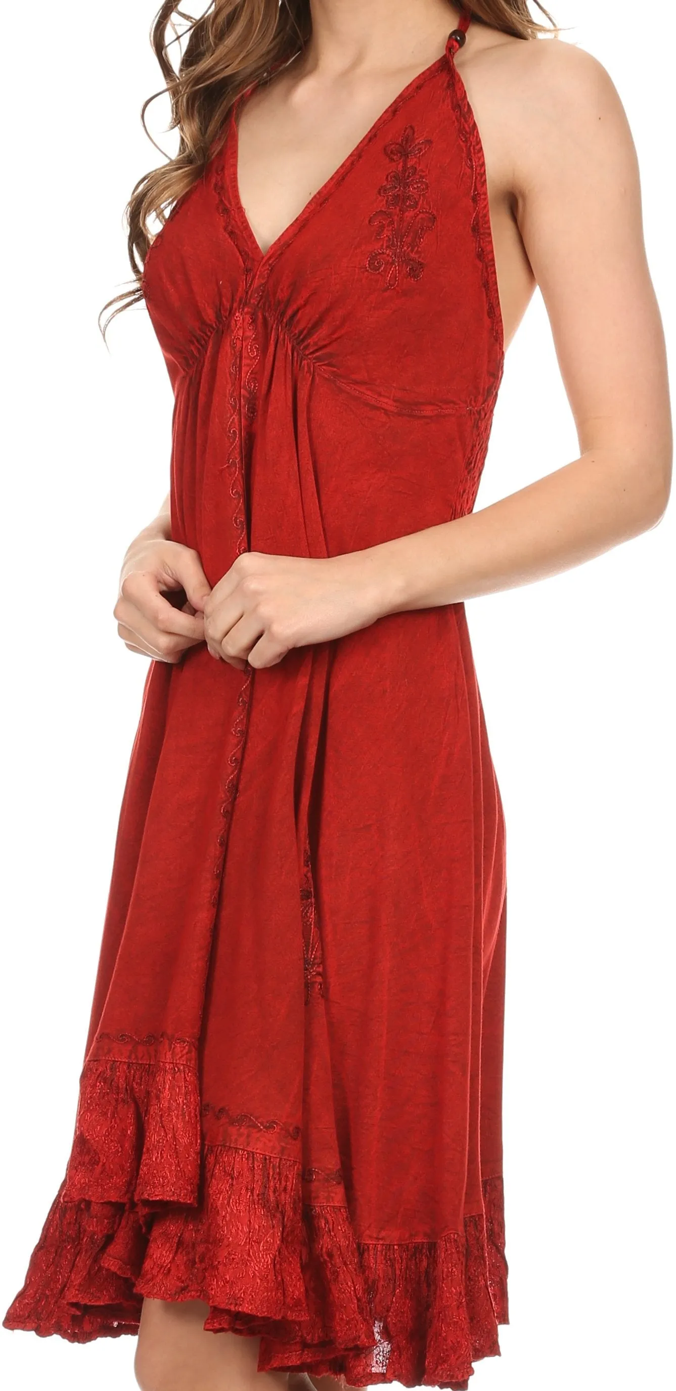 Sakkas Jia Stonewashed Embroidered Handkerchief Hem Halter Dress With Beads