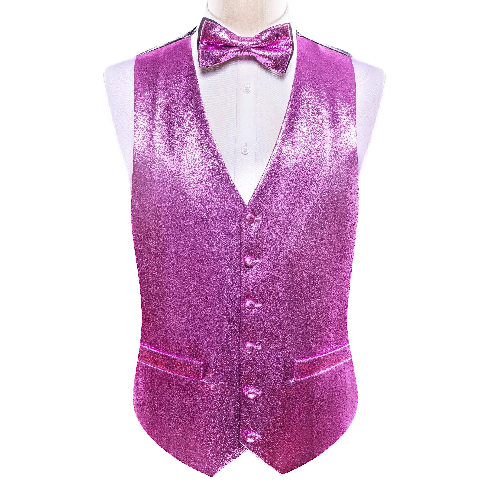 Shining Light Purple Glitter Solid Jacquard Silk Men's Vest Bow Tie Set Waistcoat Suit Set