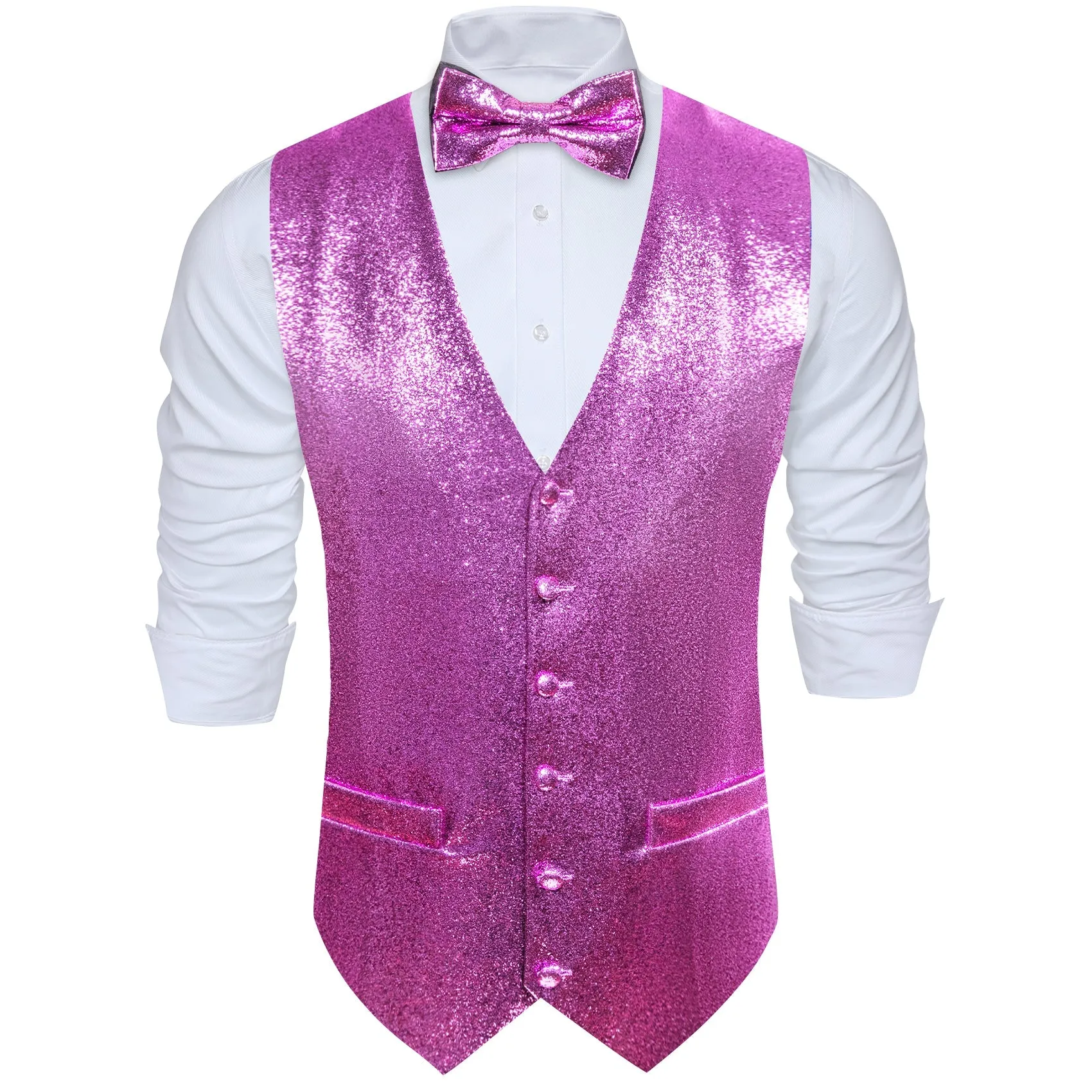 Shining Light Purple Glitter Solid Jacquard Silk Men's Vest Bow Tie Set Waistcoat Suit Set