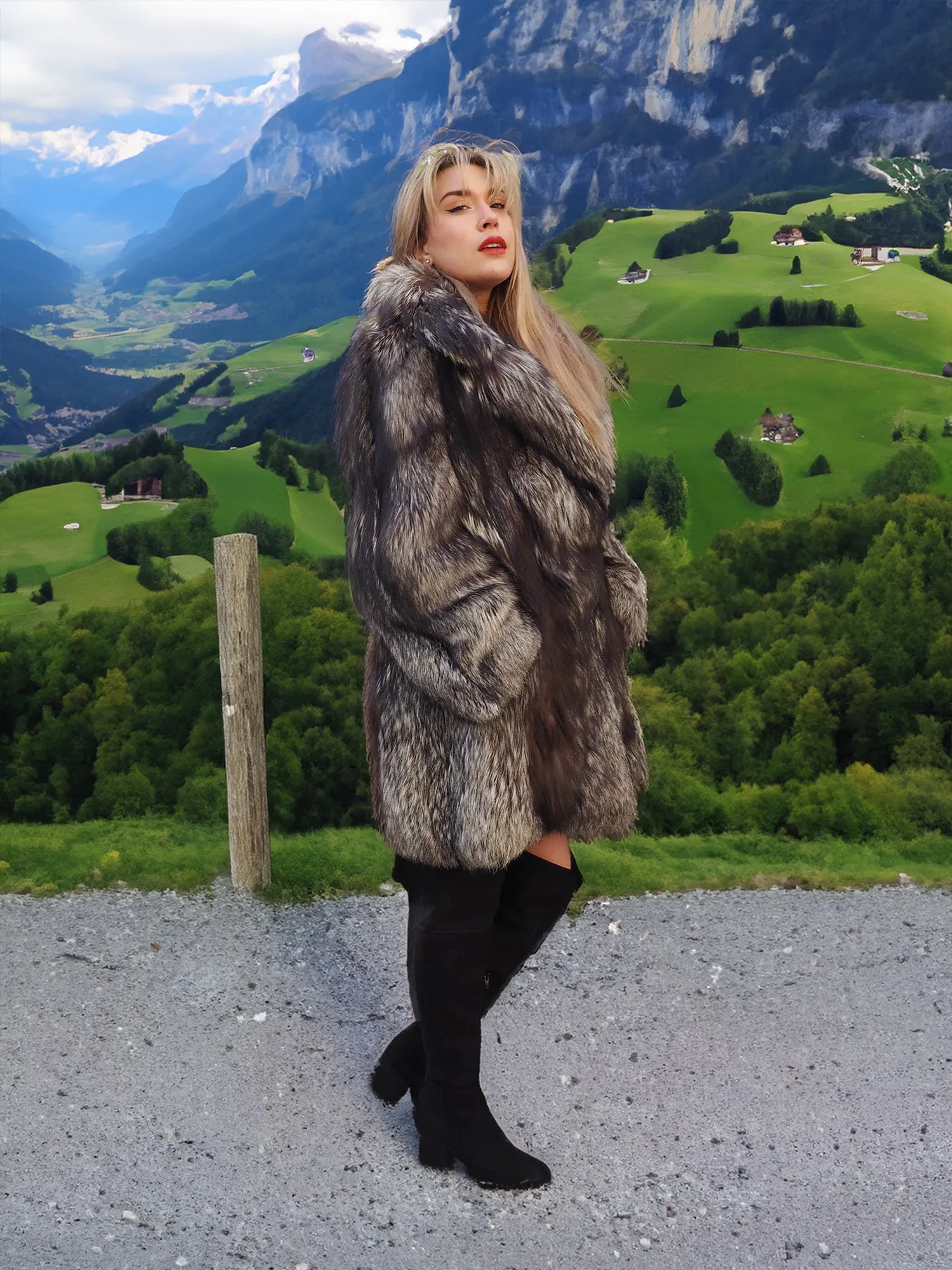 Silver Fox Fur Coat Long Jacket Brand New Stunning M/L