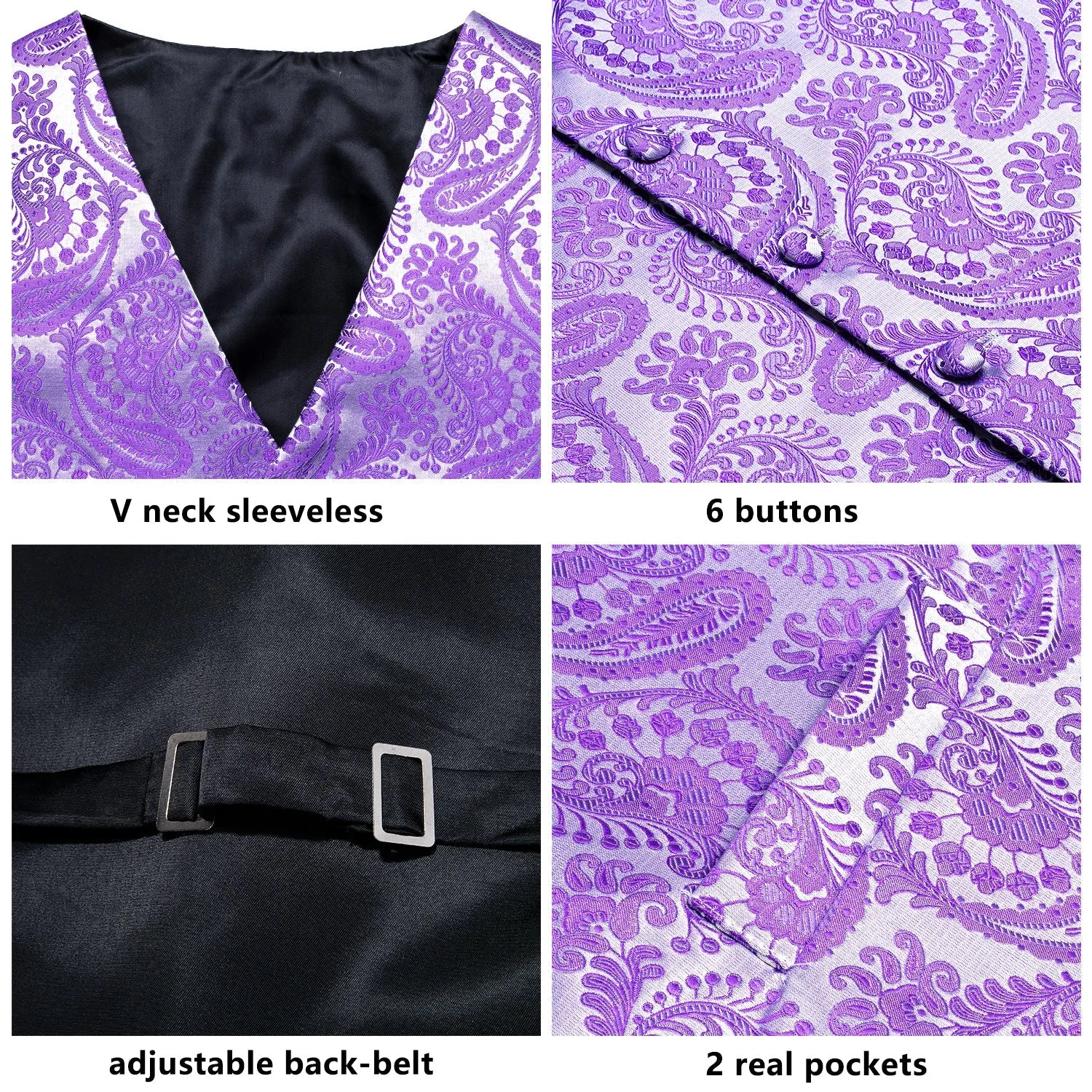 Silver Purple Paisley Jacquard Silk Men's Vest Hanky Cufflinks Tie Set