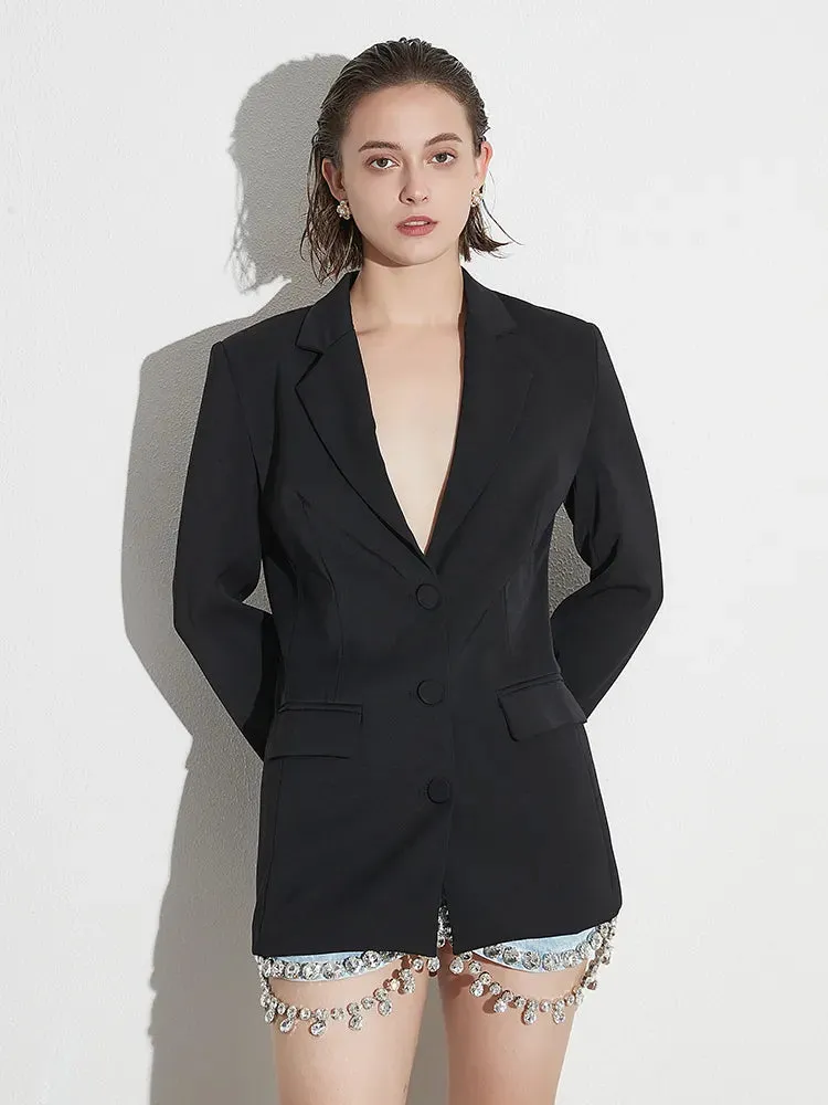 Solid Backless Patchwork Diamonds Chic Blazers For Women Notched Collar Long Sleeve Spliced Pockets Blazer Female