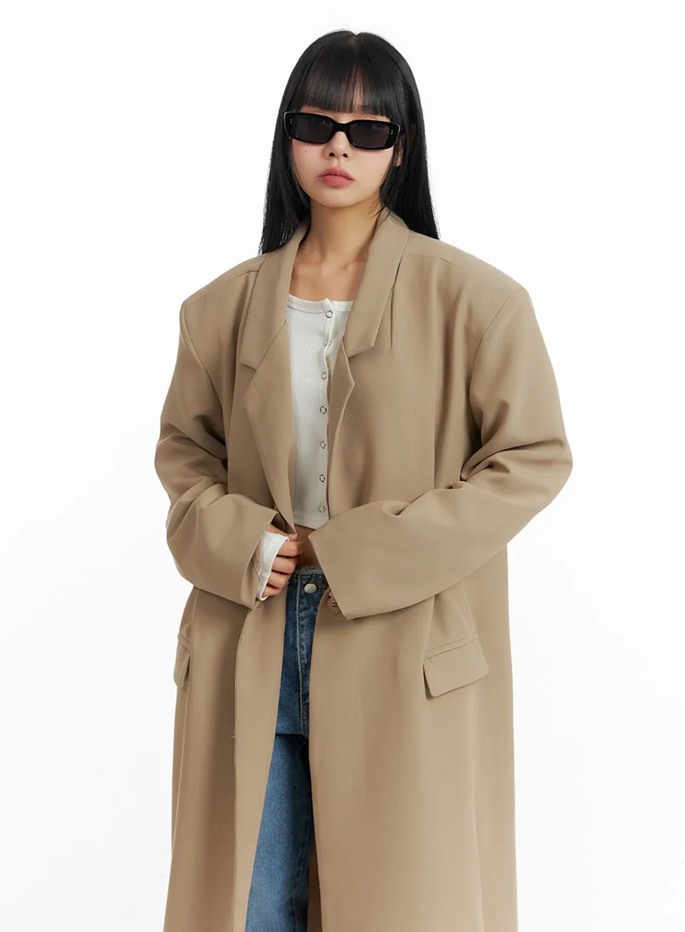 Solid Oversized Collar Long Coat IM414