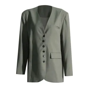 Solid Patchwork Single Breasted Casual Loose Blazers For Womenv Neck Long Sleeve Spliced Pockets Blazer Female