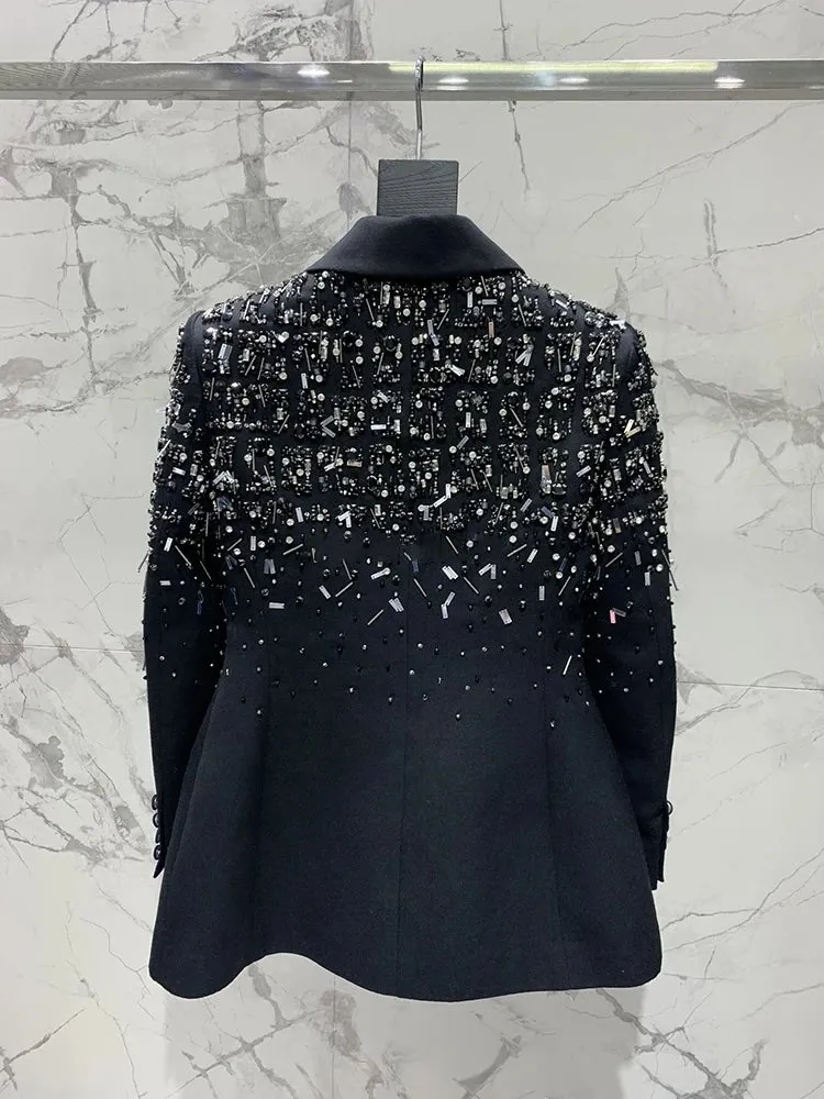 Solid Spliced Diamonds Slim Blazers For Women Notched Collar Long Sleeve Tunic Patchwork Button Chic Coat Female