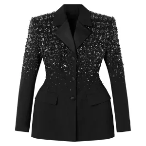 Solid Spliced Diamonds Slim Blazers For Women Notched Collar Long Sleeve Tunic Patchwork Button Chic Coat Female