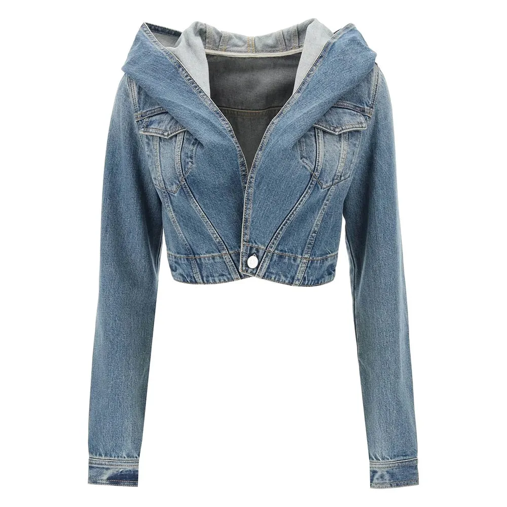 Spliced Pockets Denim Coats For Women Hooded Long Sleeve Slimming Streetwear Jackets Female Fashion Clothing