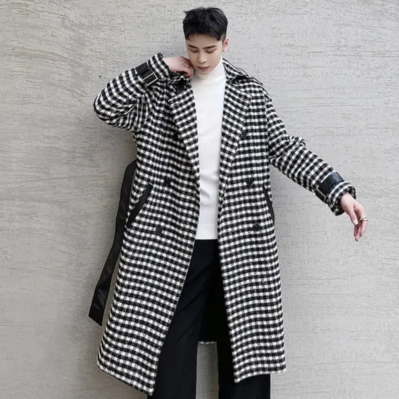 Stylish Men's Woolen Coat Thickened Trendy Contrast Color Plaid Overcoat Winter Male Outwear Korean Style 9D0938