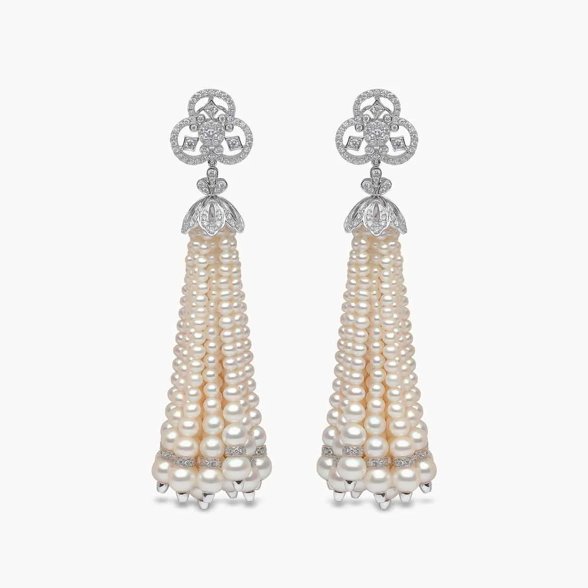 Tassel 18K Gold Freshwater Pearl and Diamond Club Earrings