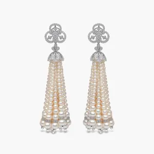 Tassel 18K Gold Freshwater Pearl and Diamond Club Earrings