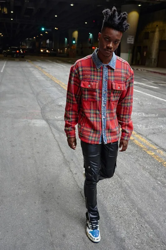 TEEK - Red Flannel Shacket With Denim Contrast