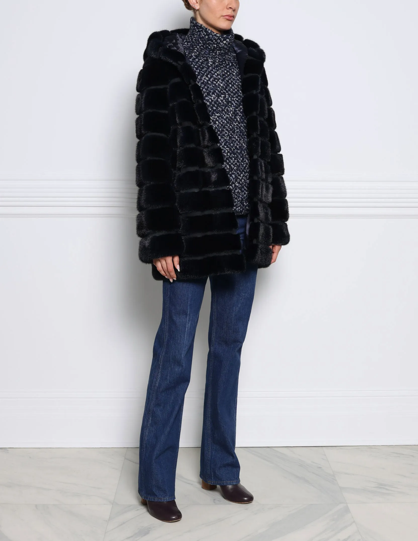 The Brigid Hooded Horizontal Mink Fur Coat