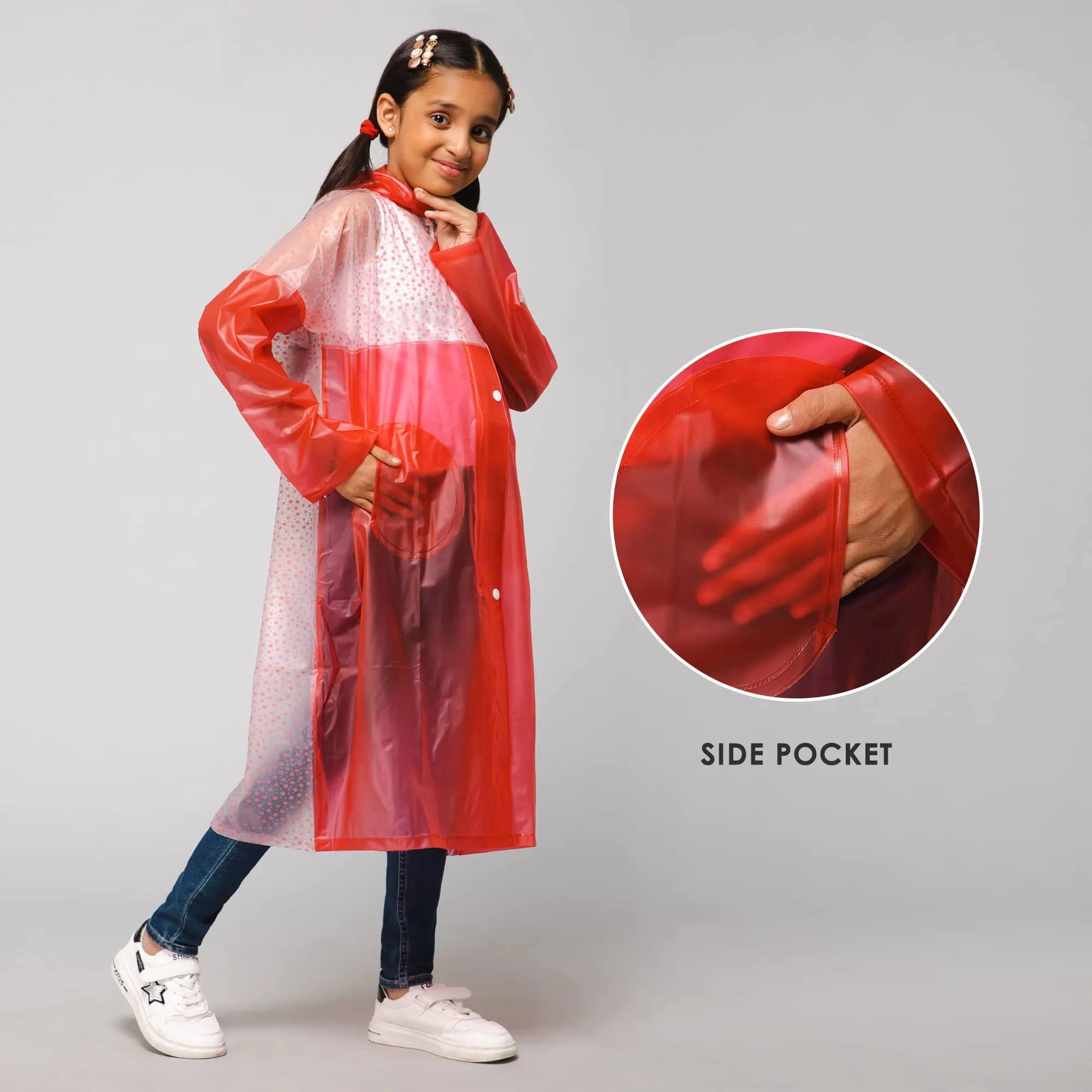 THE CLOWNFISH Drip Dude Series Unisex Kids Waterproof Single Layer PVC Longcoat/Raincoat with Adjustable Hood. Age-3-4 Years (Rose Red)