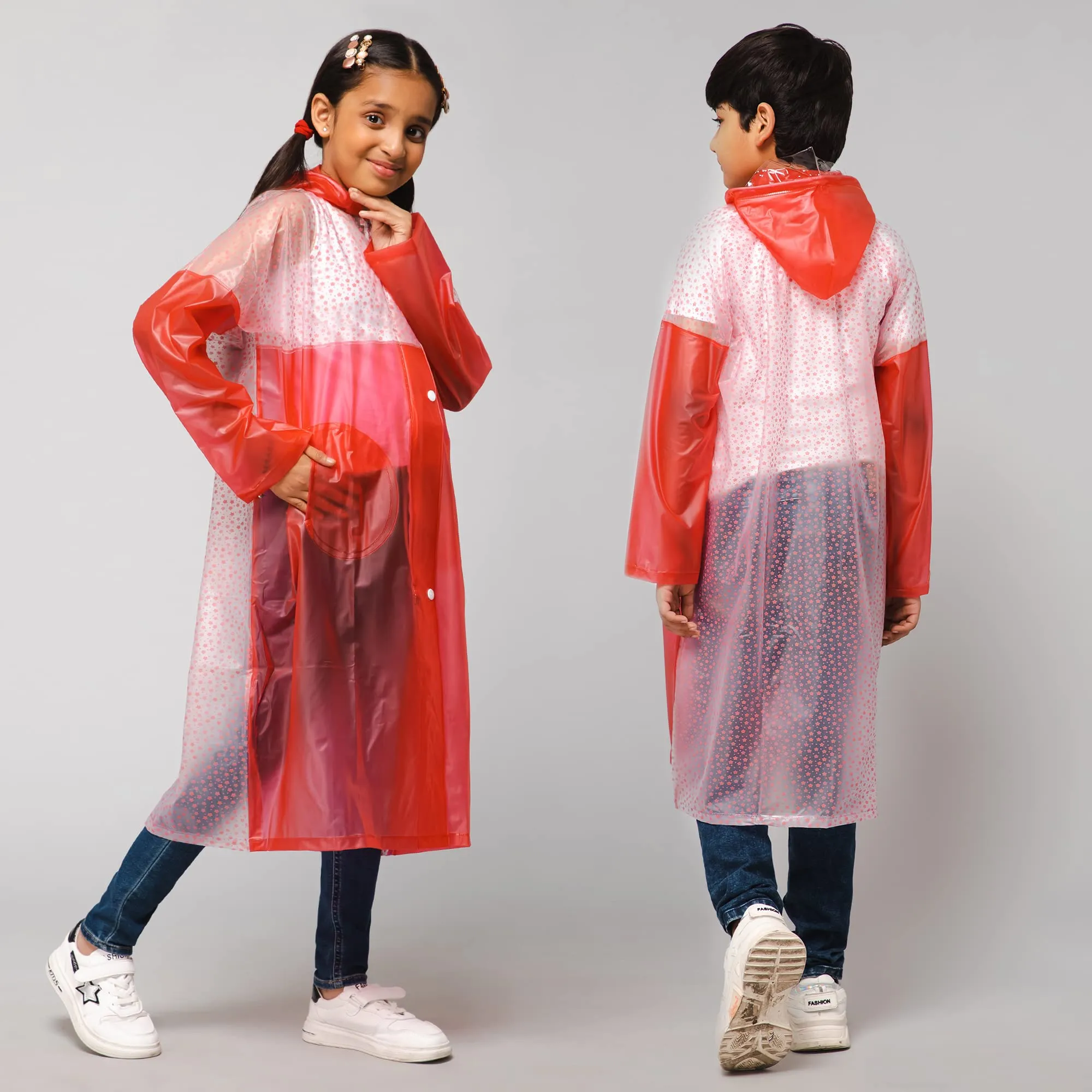 THE CLOWNFISH Drip Dude Series Unisex Kids Waterproof Single Layer PVC Longcoat/Raincoat with Adjustable Hood. Age-3-4 Years (Rose Red)