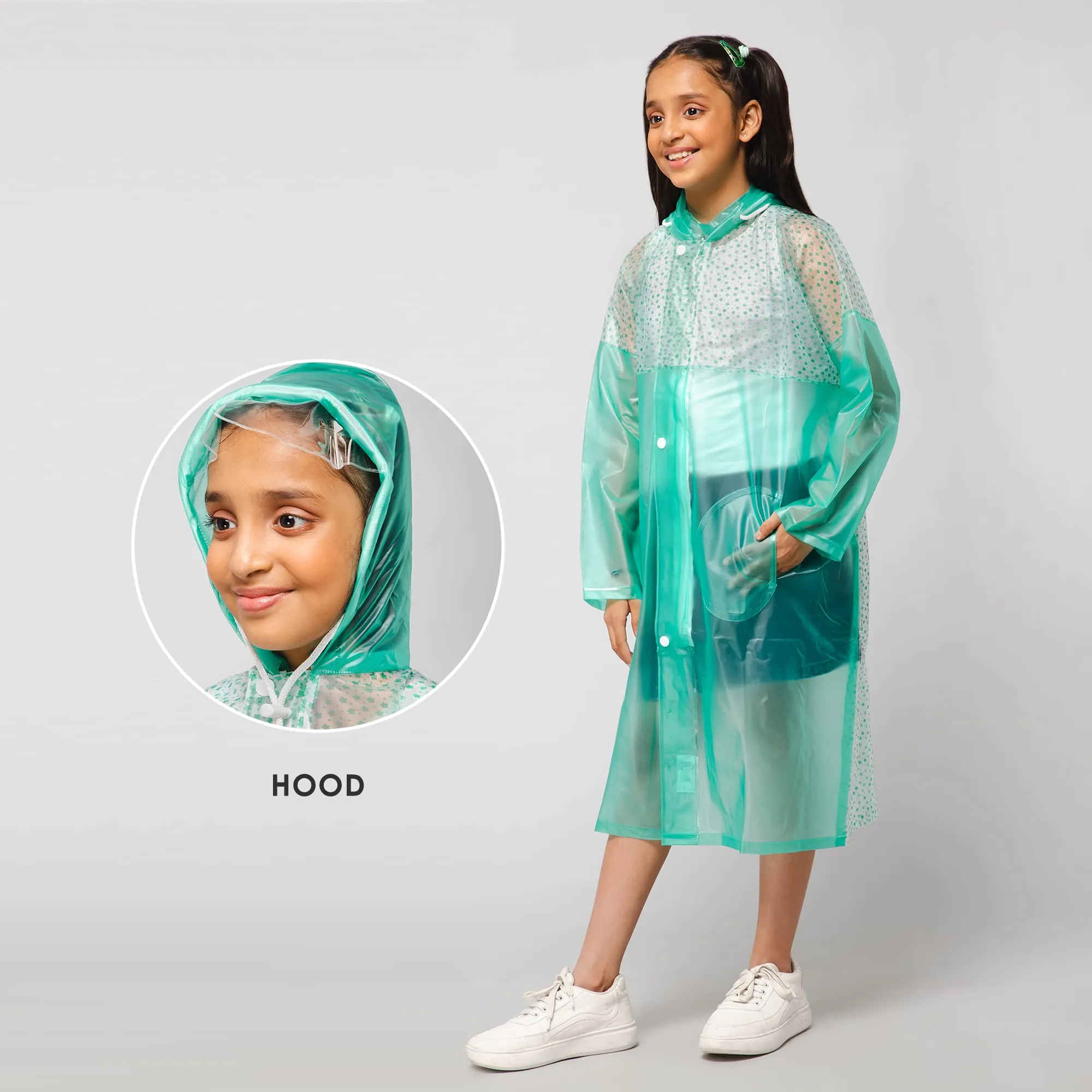 THE CLOWNFISH Drip Dude Series Unisex Kids Waterproof Single Layer PVC Longcoat/Raincoat with Adjustable Hood. Age-6-7 Years (Aqua Green)