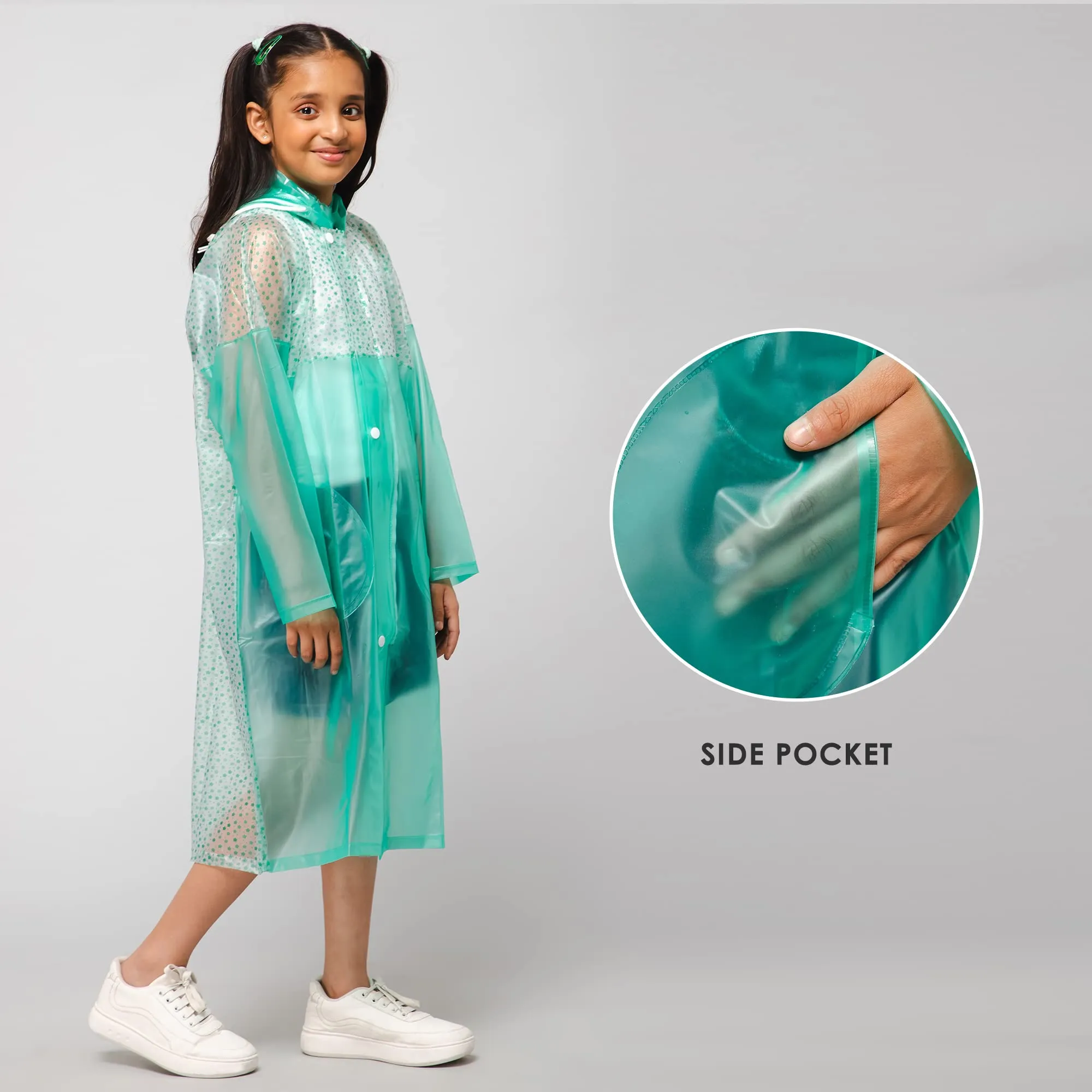 THE CLOWNFISH Drip Dude Series Unisex Kids Waterproof Single Layer PVC Longcoat/Raincoat with Adjustable Hood. Age-6-7 Years (Aqua Green)