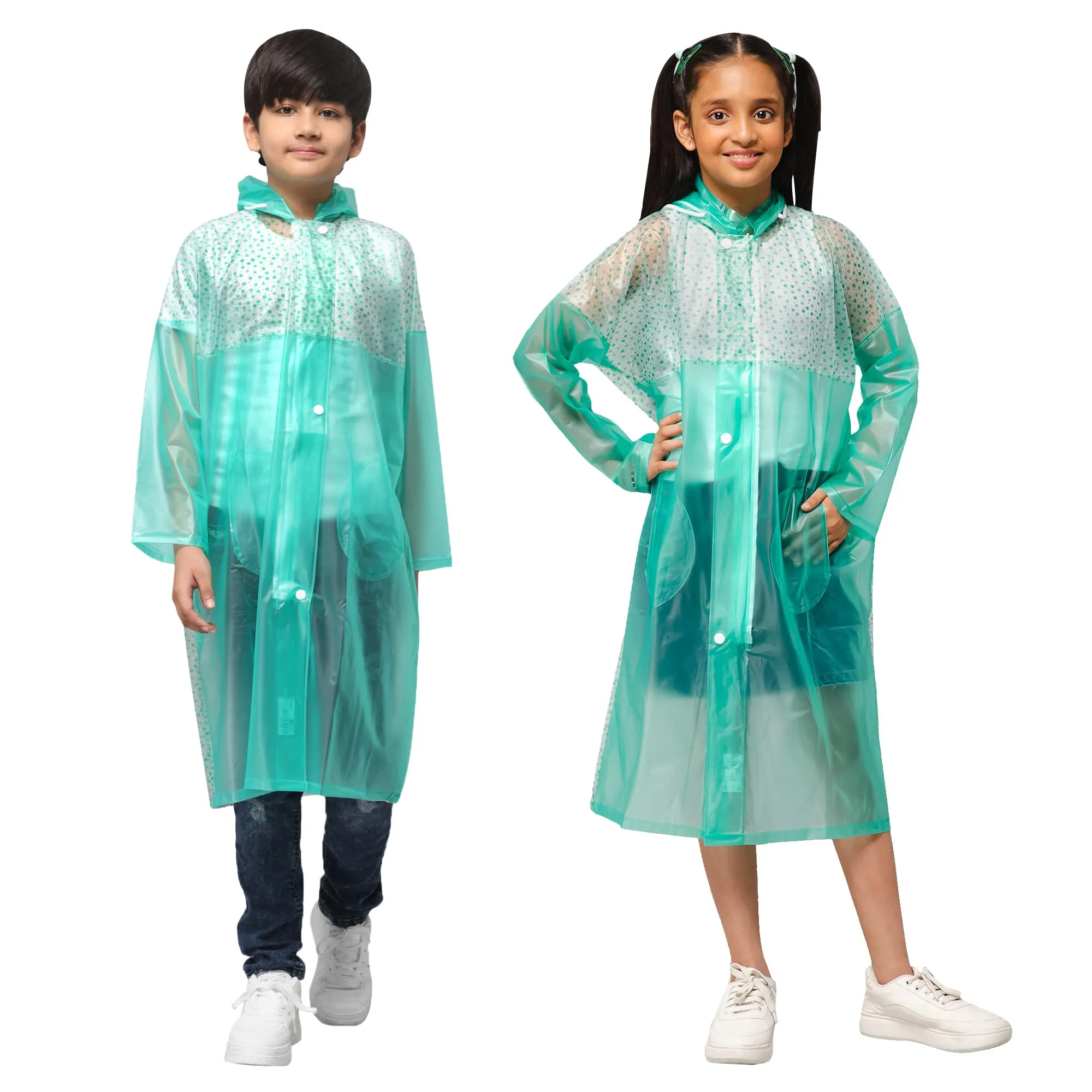 THE CLOWNFISH Drip Dude Series Unisex Kids Waterproof Single Layer PVC Longcoat/Raincoat with Adjustable Hood. Age-6-7 Years (Aqua Green)