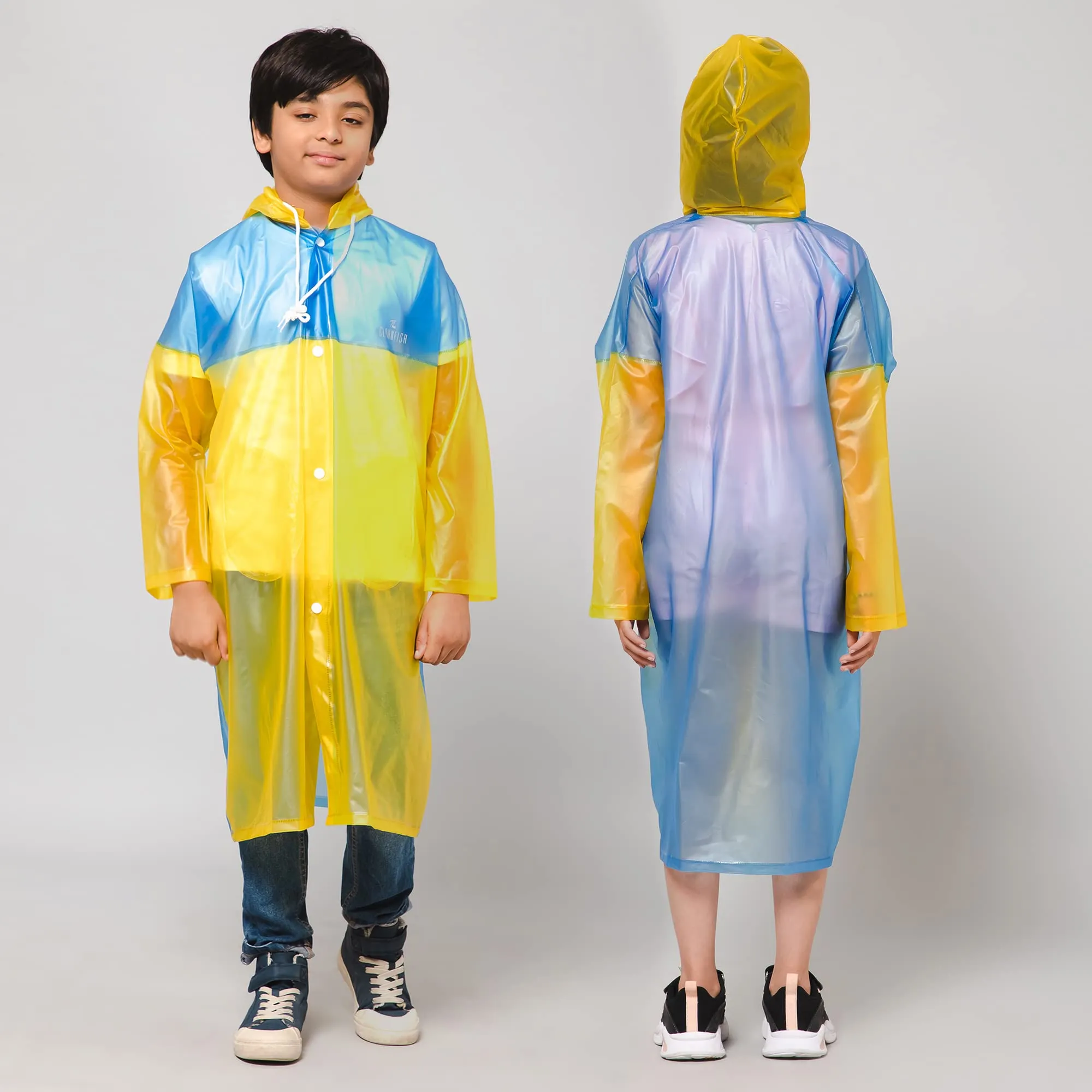 THE CLOWNFISH Puddle Jumper Series Unisex Kids Waterproof Single Layer PVC Longcoat/Raincoat with Adjustable Hood. Age-4-5 Years (Fluoroscent Blue)