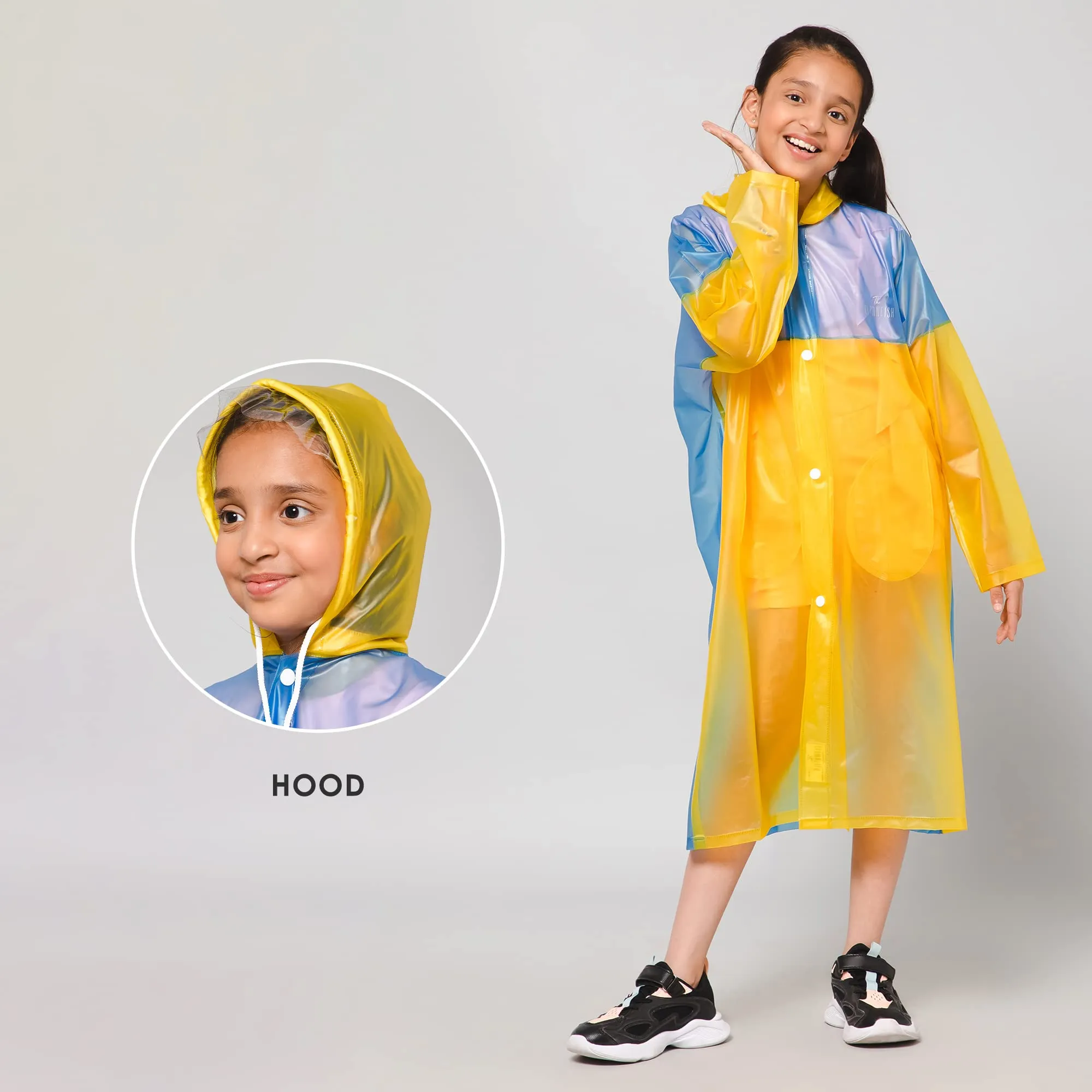 THE CLOWNFISH Puddle Jumper Series Unisex Kids Waterproof Single Layer PVC Longcoat/Raincoat with Adjustable Hood. Age-4-5 Years (Fluoroscent Blue)