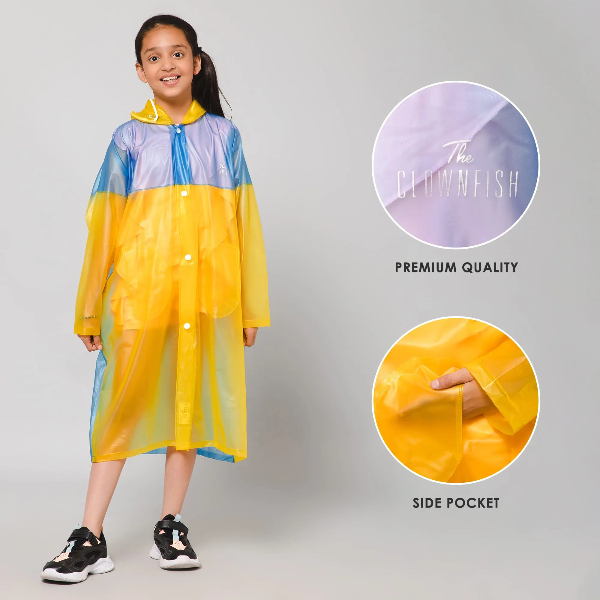 THE CLOWNFISH Puddle Jumper Series Unisex Kids Waterproof Single Layer PVC Longcoat/Raincoat with Adjustable Hood. Age-4-5 Years (Fluoroscent Blue)