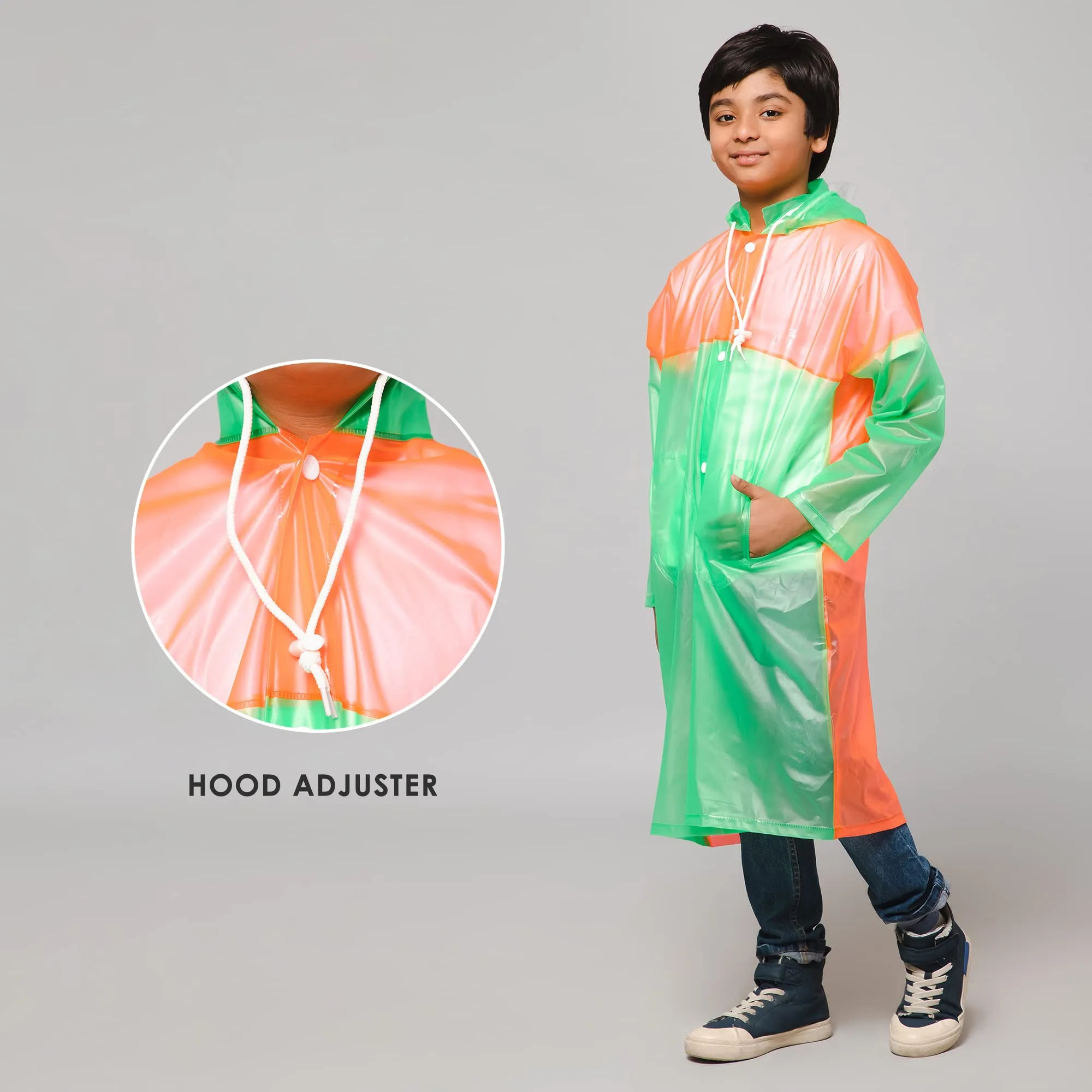 THE CLOWNFISH Puddle Jumper Series Unisex Kids Waterproof Single Layer PVC Longcoat/Raincoat with Adjustable Hood. Age-5-6 Years (Fluoroscent Green)