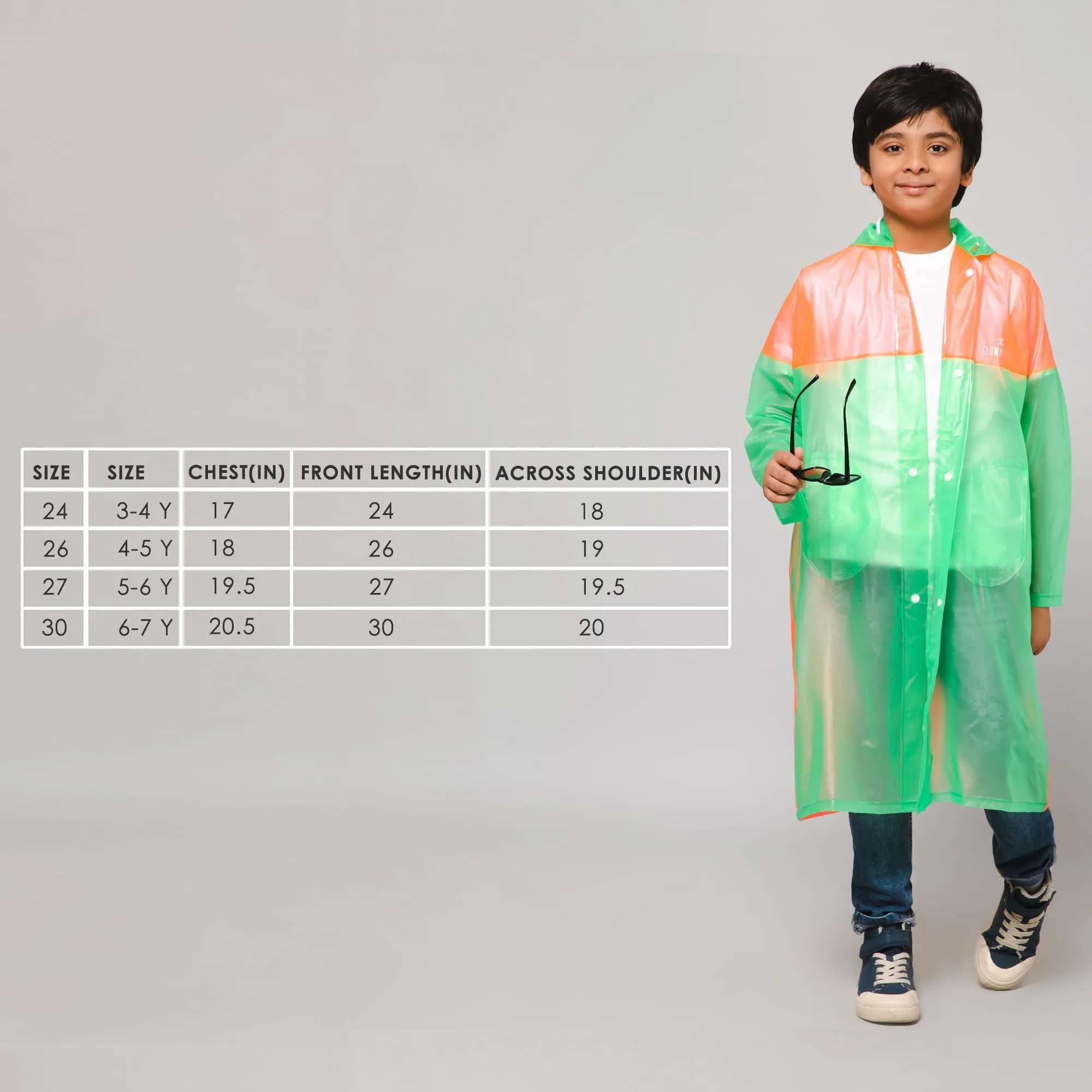 THE CLOWNFISH Puddle Jumper Series Unisex Kids Waterproof Single Layer PVC Longcoat/Raincoat with Adjustable Hood. Age-5-6 Years (Fluoroscent Green)