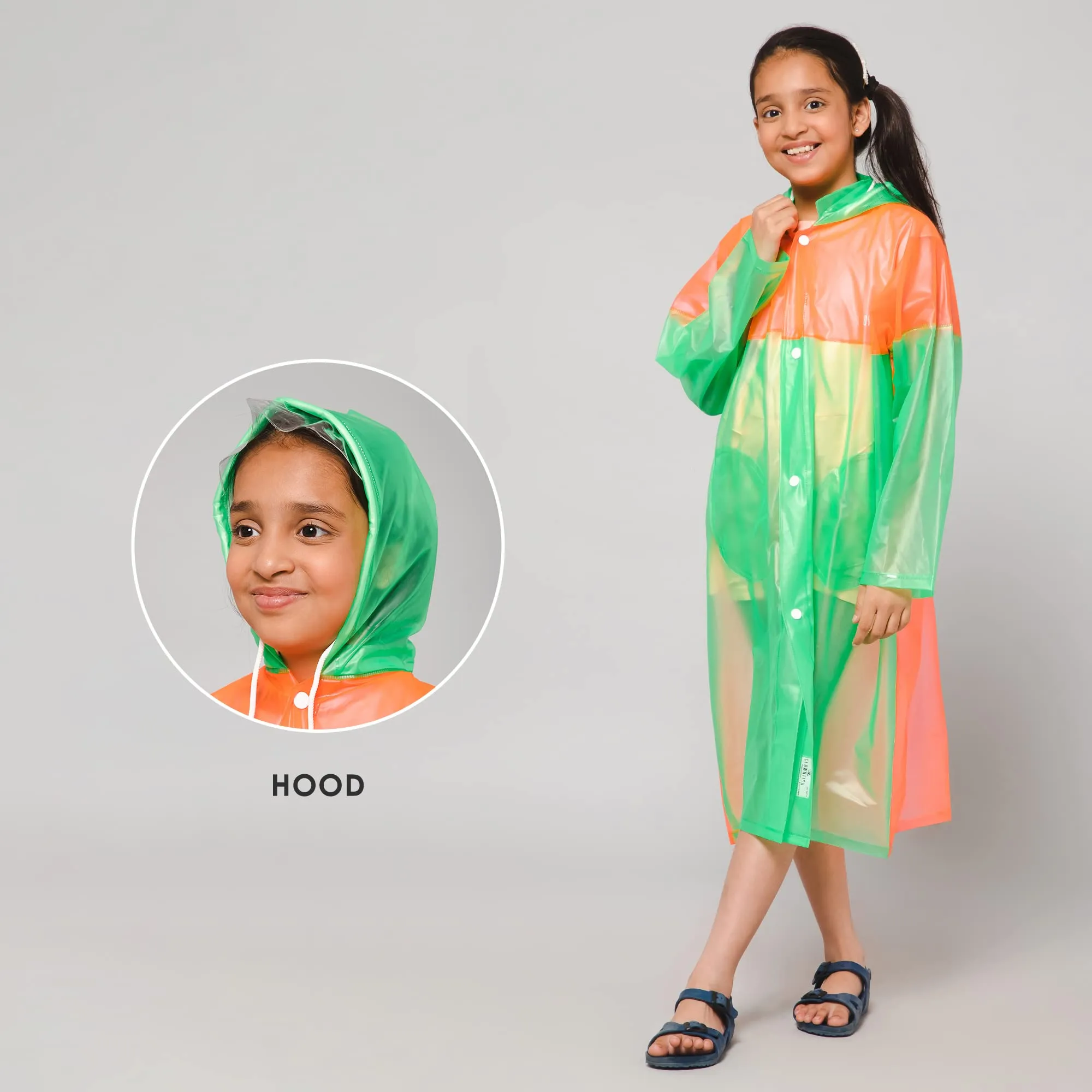 THE CLOWNFISH Puddle Jumper Series Unisex Kids Waterproof Single Layer PVC Longcoat/Raincoat with Adjustable Hood. Age-5-6 Years (Fluoroscent Green)